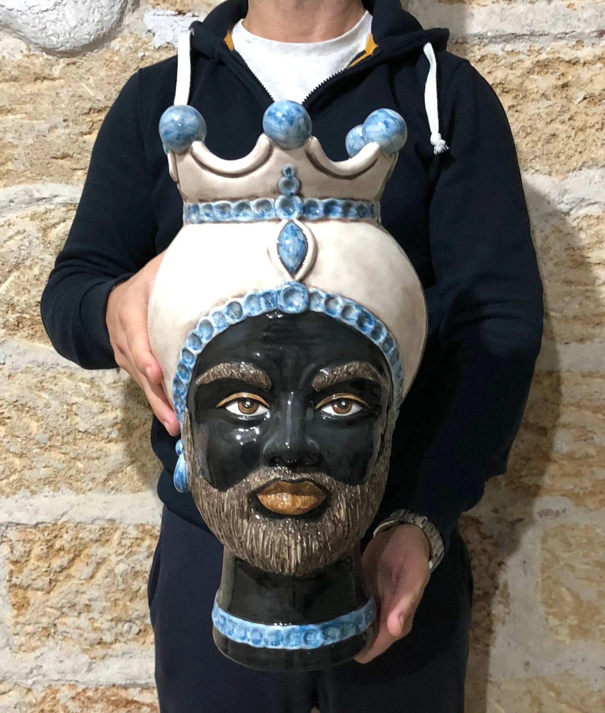 Teste di Moro Luis Ceramica Caltagirone cm H.44 L.23 Artigianale Turbante Liscio Écru Azzurro DD CERAMICHE SICILIANE