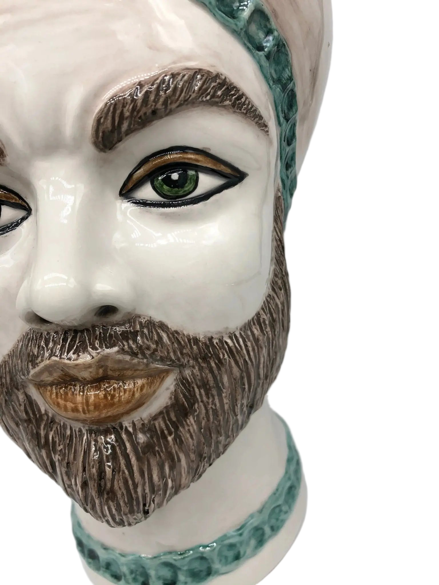Teste di Moro Luis Ceramica Caltagirone cm H.44 L.23 Artigianale Turbante Liscio Écru Verde - DD CERAMICHE SICILIANE
