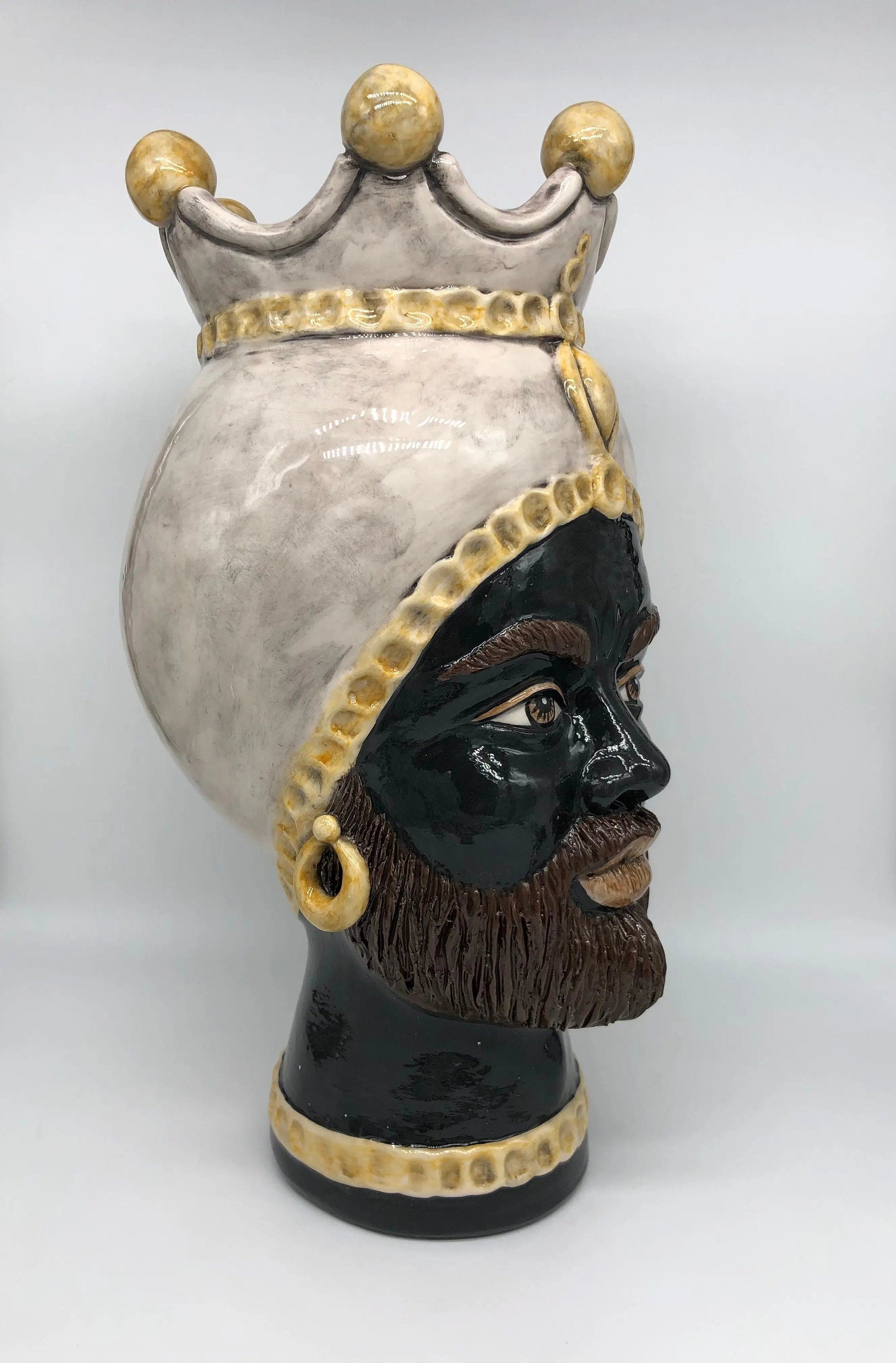 Teste di Moro Luis Ceramica Caltagirone cm H.44 L.23 Artigianale Turbante Liscio Écru Giallo DD CERAMICHE SICILIANE