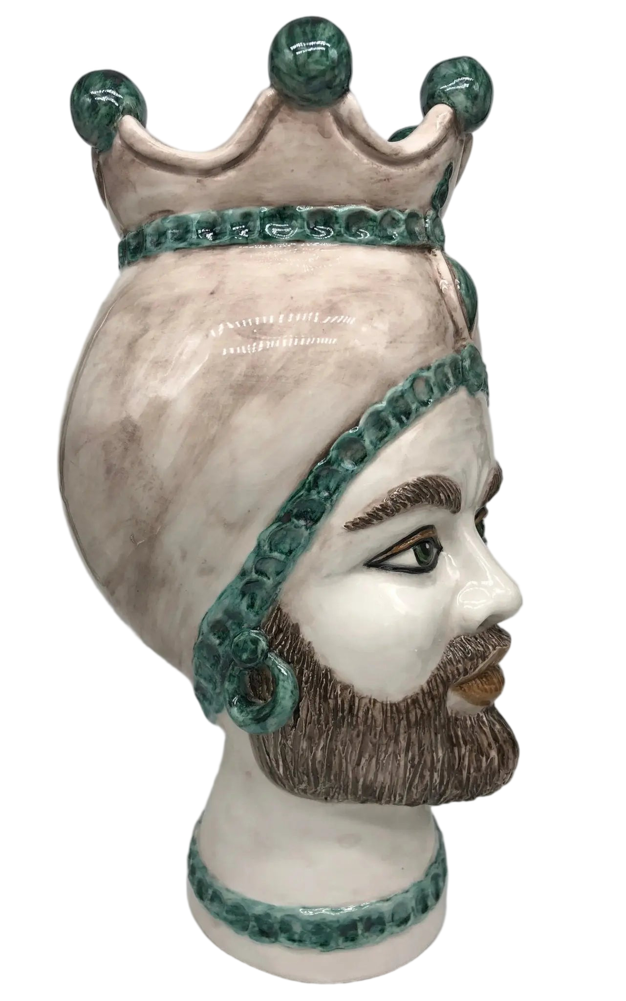 Teste di Moro Luis Ceramica Caltagirone cm H.44 L.23 Artigianale Turbante Liscio Écru Verde - DD CERAMICHE SICILIANE