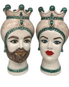 Teste di Moro Luis Ceramica Caltagirone cm H.44 L.23 Artigianale Turbante Liscio Écru Verde - DD CERAMICHE SICILIANE