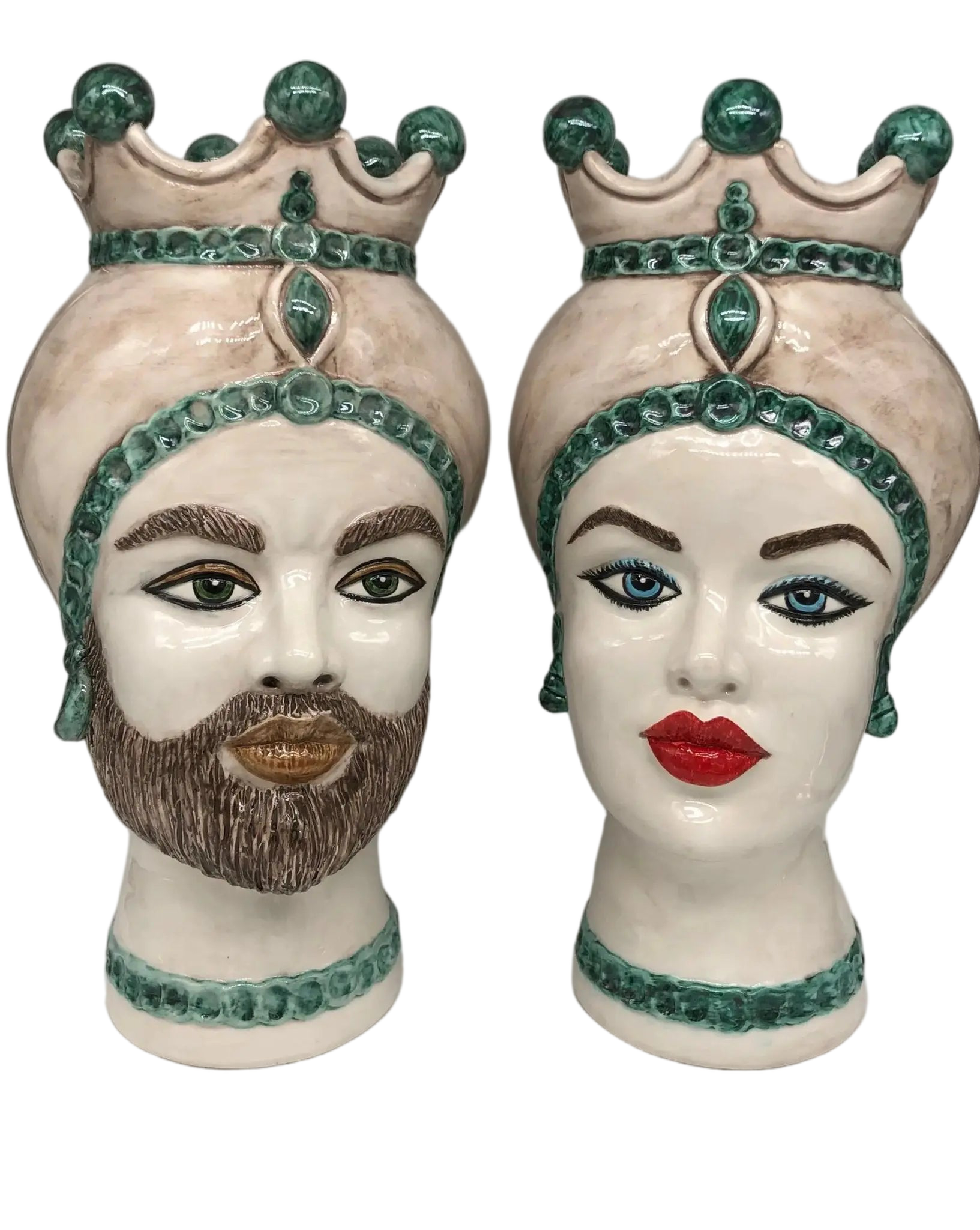Teste di Moro Luis Ceramica Caltagirone cm H.44 L.23 Artigianale Turbante Liscio Écru Verde - DD CERAMICHE SICILIANE