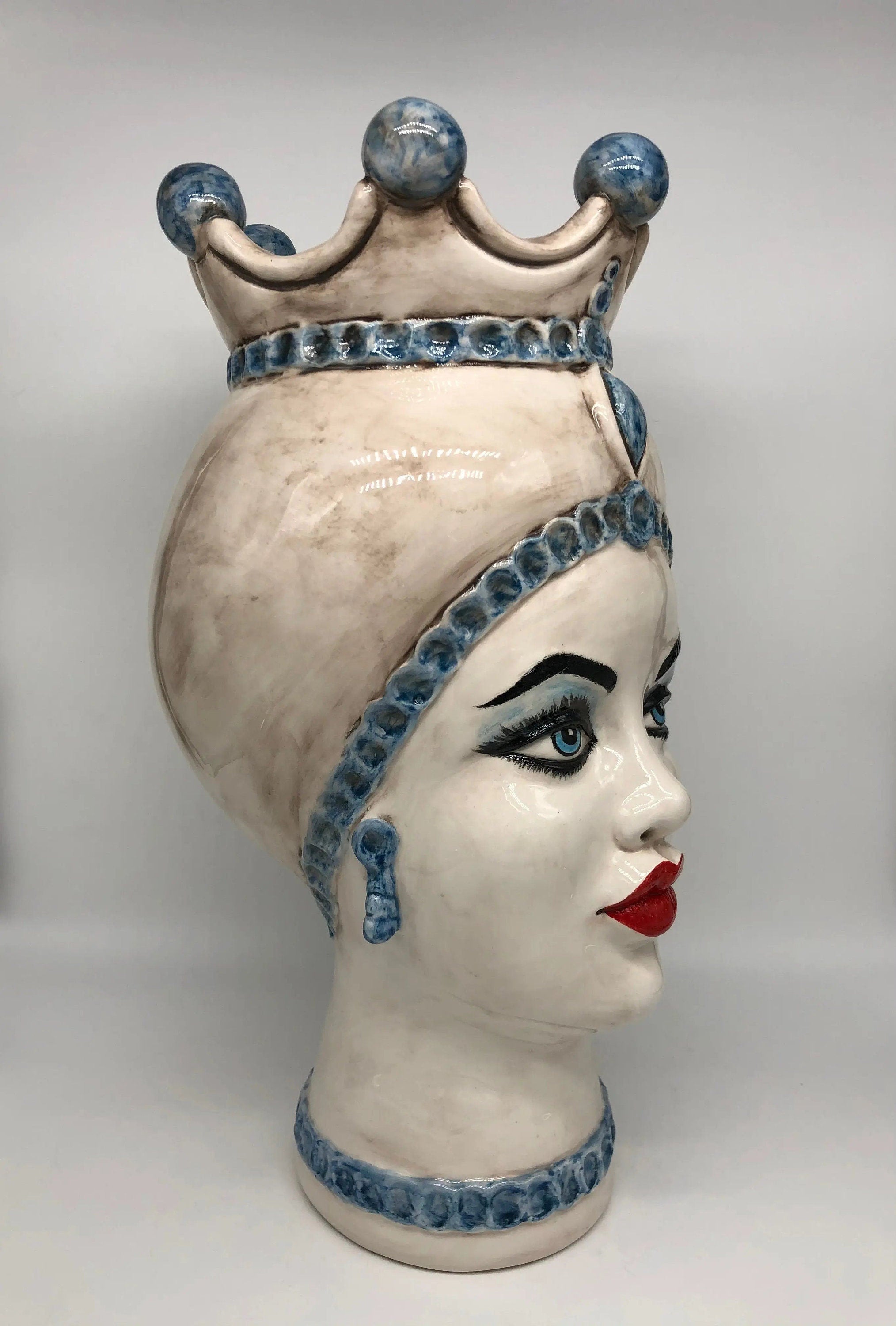 Teste di Moro Luis Ceramica Caltagirone cm H.44 L.23 Artigianale Turbante Liscio Écru Azzurro DD CERAMICHE SICILIANE