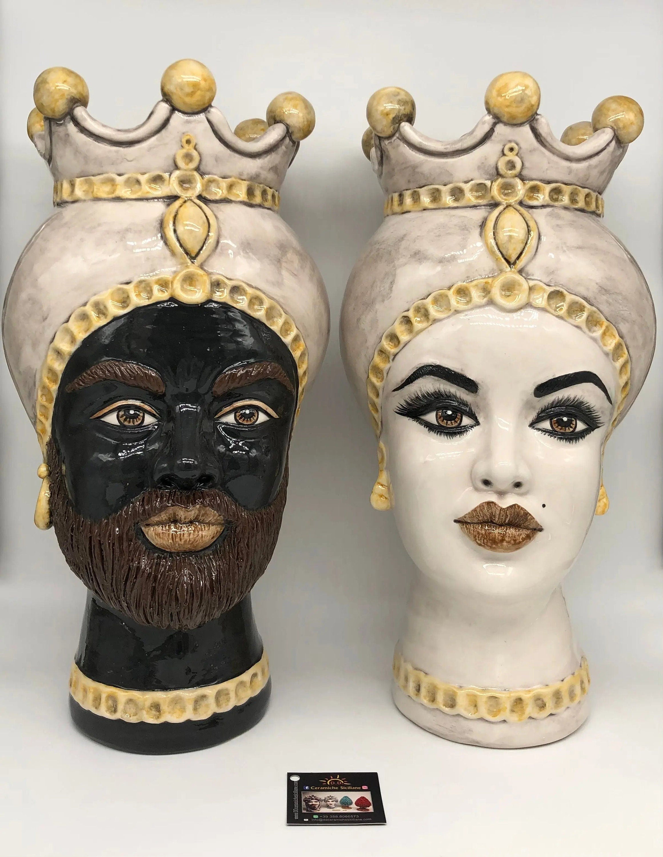 Teste di Moro Luis Ceramica Caltagirone cm H.44 L.23 Artigianale Turbante Liscio Écru Giallo DD CERAMICHE SICILIANE