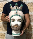 Teste di Moro Luis Ceramica Caltagirone cm H.44 L.23 Artigianale Turbante Liscio Écru Verde - DD CERAMICHE SICILIANE
