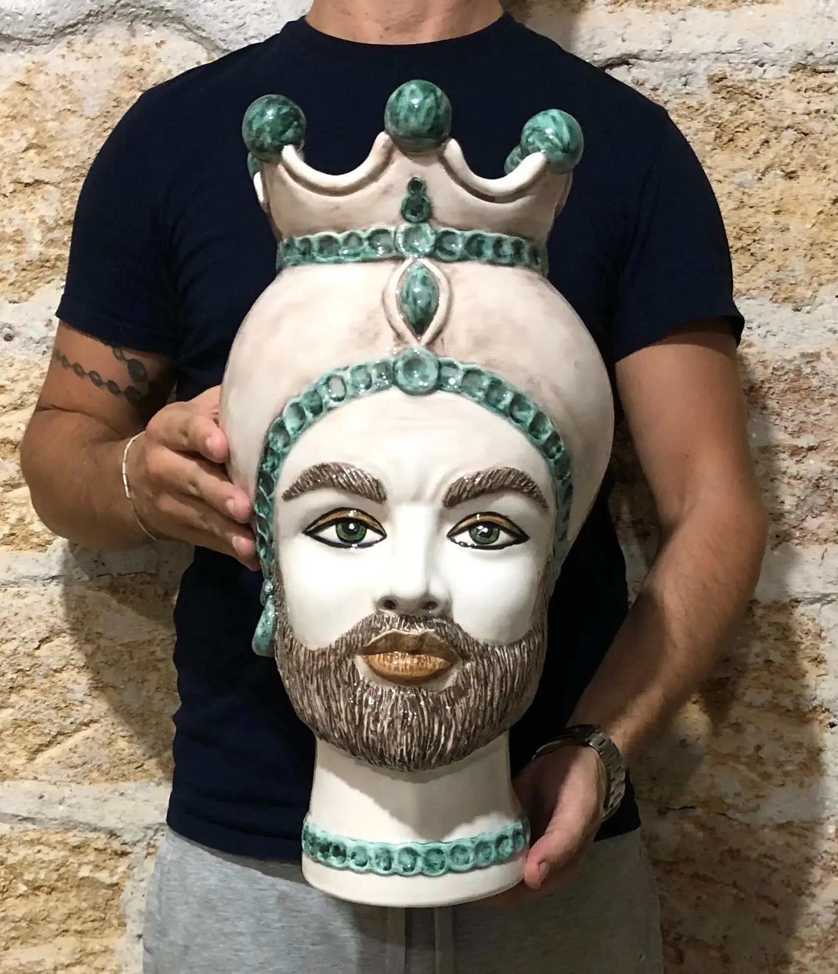 Teste di Moro Luis Ceramica Caltagirone cm H.44 L.23 Artigianale Turbante Liscio Écru Verde - DD CERAMICHE SICILIANE