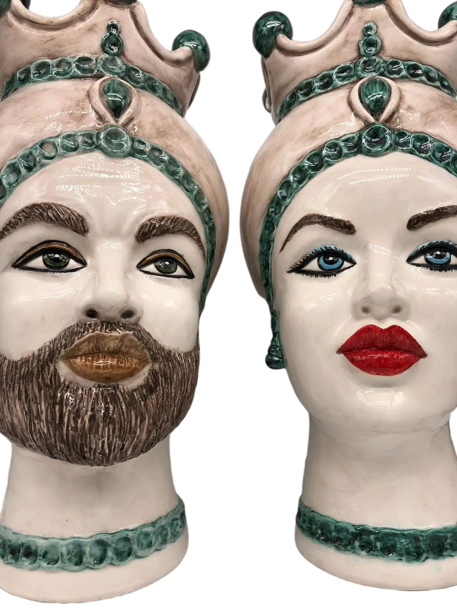 Teste di Moro Luis Ceramica Caltagirone cm H.44 L.23 Artigianale Turbante Liscio Écru Verde - DD CERAMICHE SICILIANE