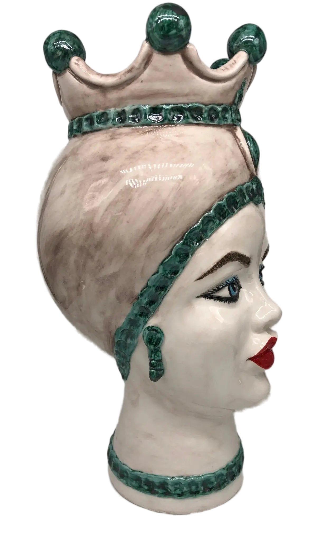 Teste di Moro Luis Ceramica Caltagirone cm H.44 L.23 Artigianale Turbante Liscio Écru Verde - DD CERAMICHE SICILIANE