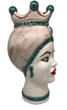 Teste di Moro Luis Ceramica Caltagirone cm H.44 L.23 Artigianale Turbante Liscio Écru Verde - DD CERAMICHE SICILIANE