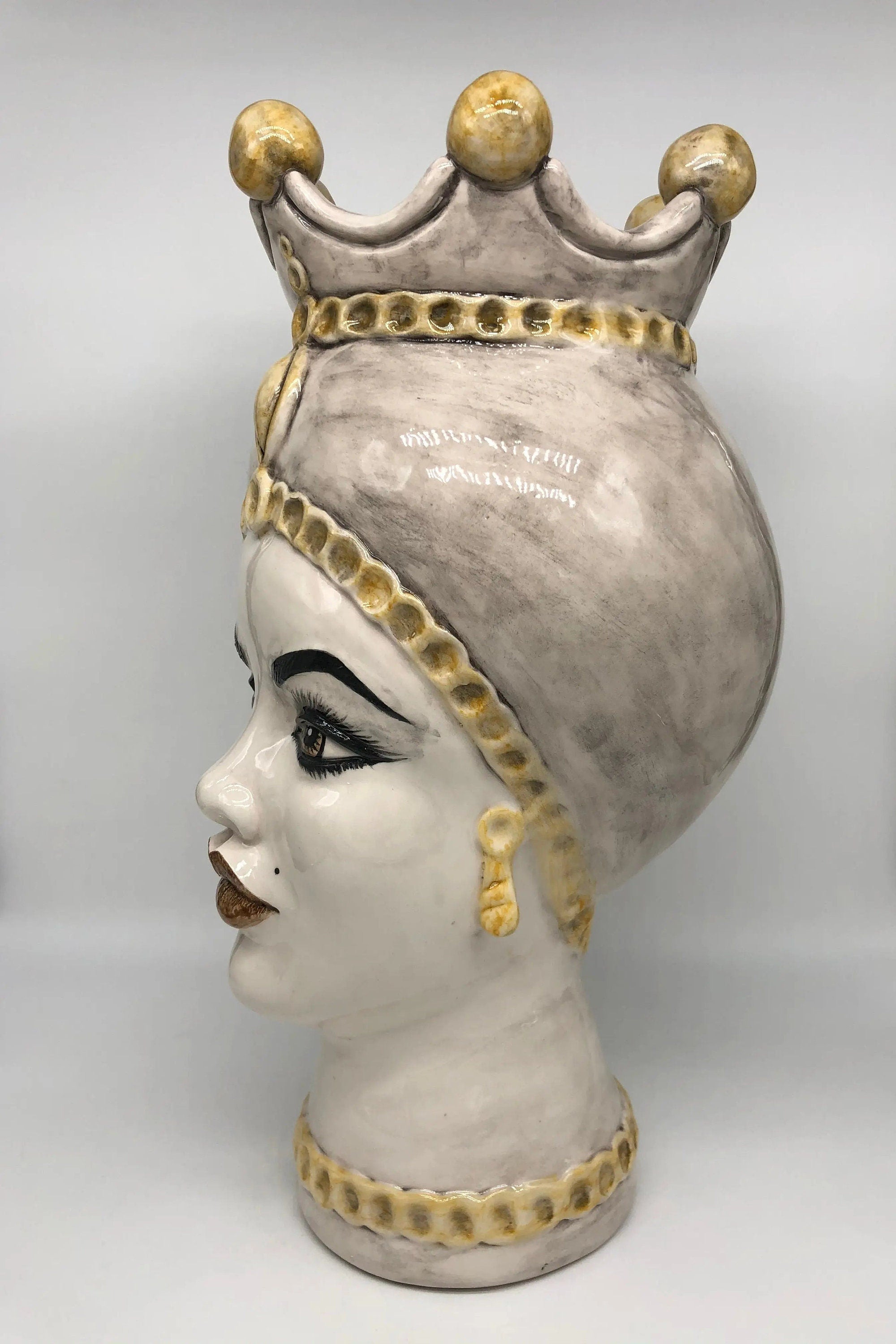 Teste di Moro Luis Ceramica Caltagirone cm H.44 L.23 Artigianale Turbante Liscio Écru Giallo DD CERAMICHE SICILIANE
