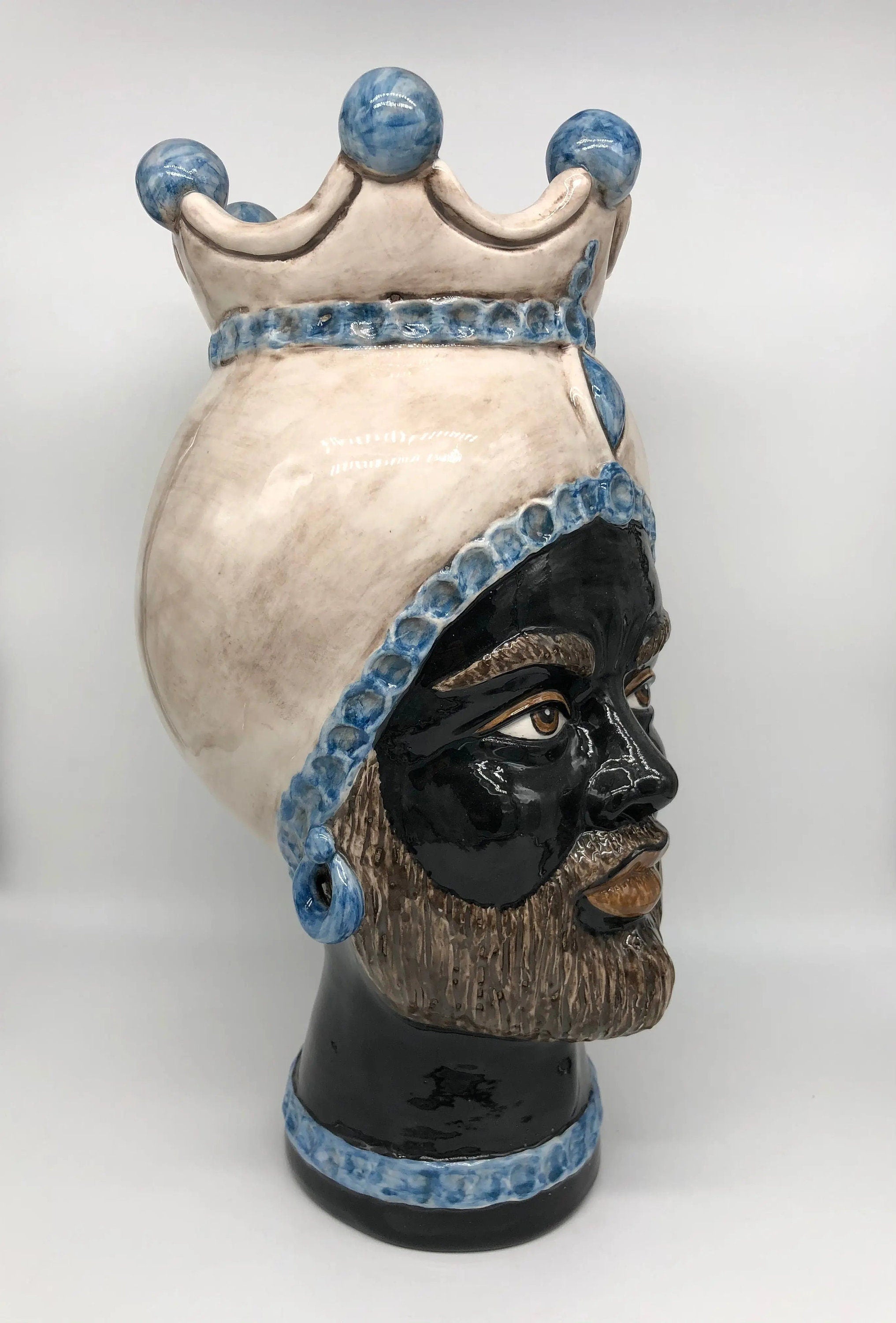 Teste di Moro Luis Ceramica Caltagirone cm H.44 L.23 Artigianale Turbante Liscio Écru Azzurro DD CERAMICHE SICILIANE
