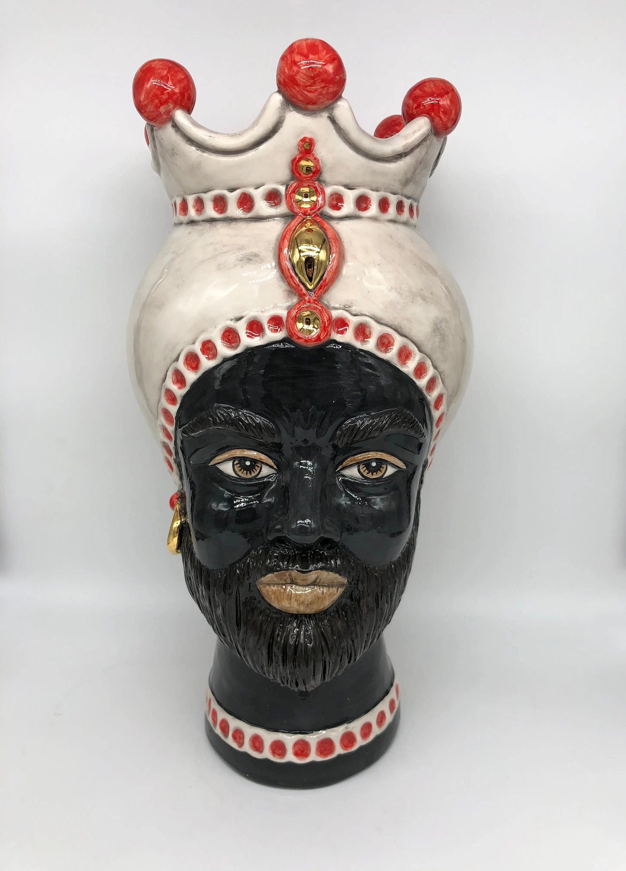 Teste di Moro Luis Ceramica Caltagirone cm H.44 L.23 Artigianale Turbante Liscio Écru Rosso Oro DD CERAMICHE SICILIANE