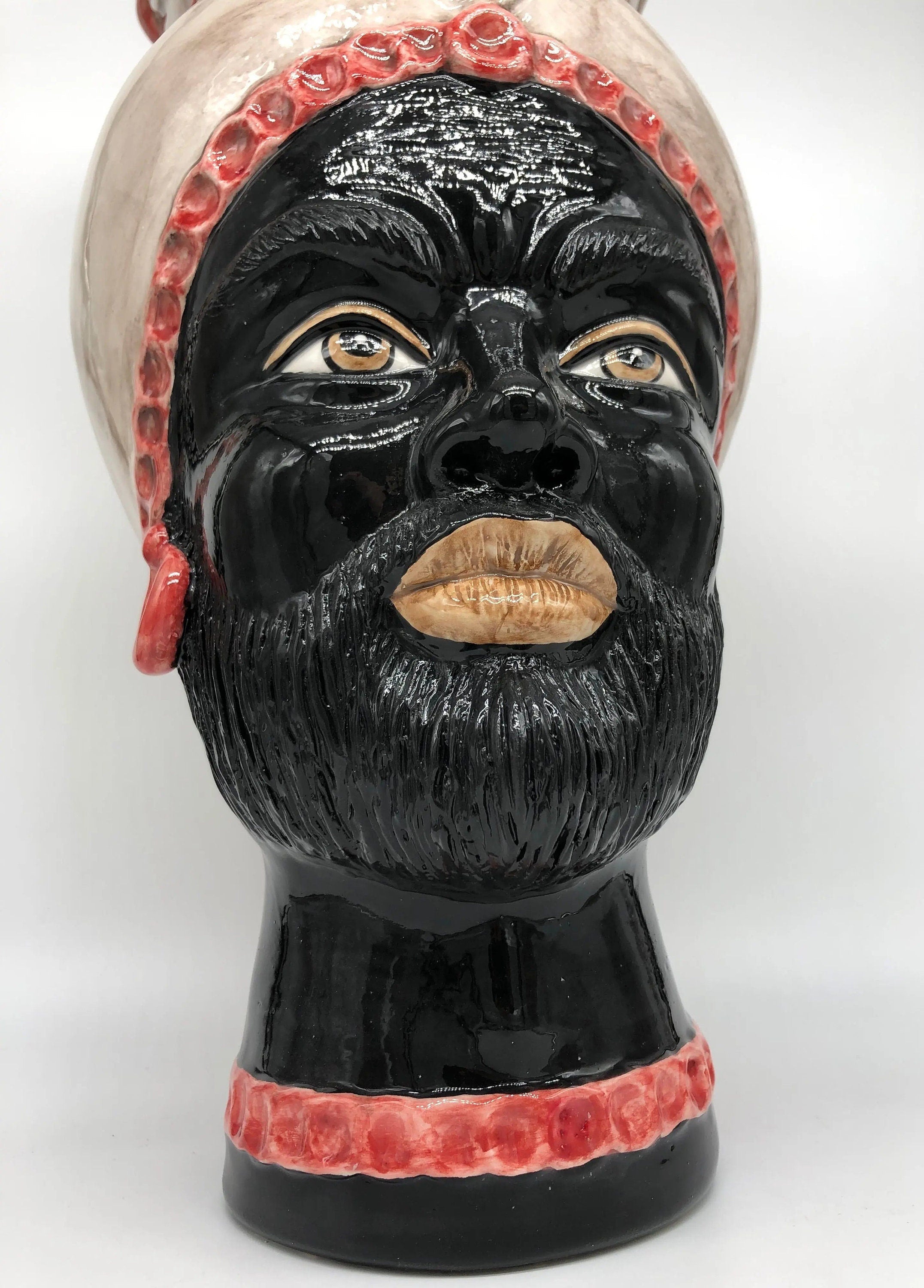 Teste di Moro Luis Ceramica Caltagirone cm H.44 L.23 Artigianale Turbante Liscio Écru Rosso DD CERAMICHE SICILIANE