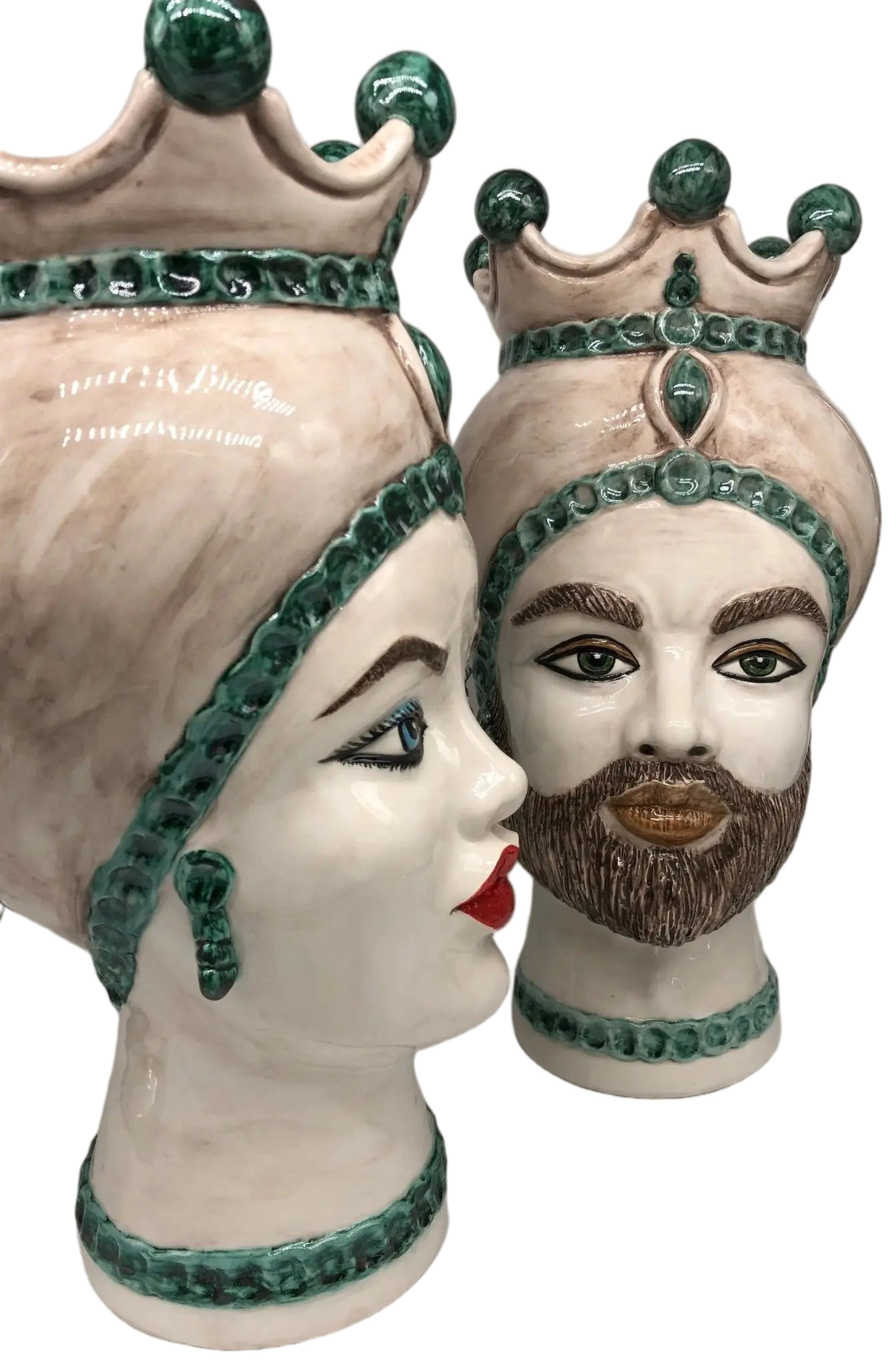 Teste di Moro Luis Ceramica Caltagirone cm H.44 L.23 Artigianale Turbante Liscio Écru Verde - DD CERAMICHE SICILIANE