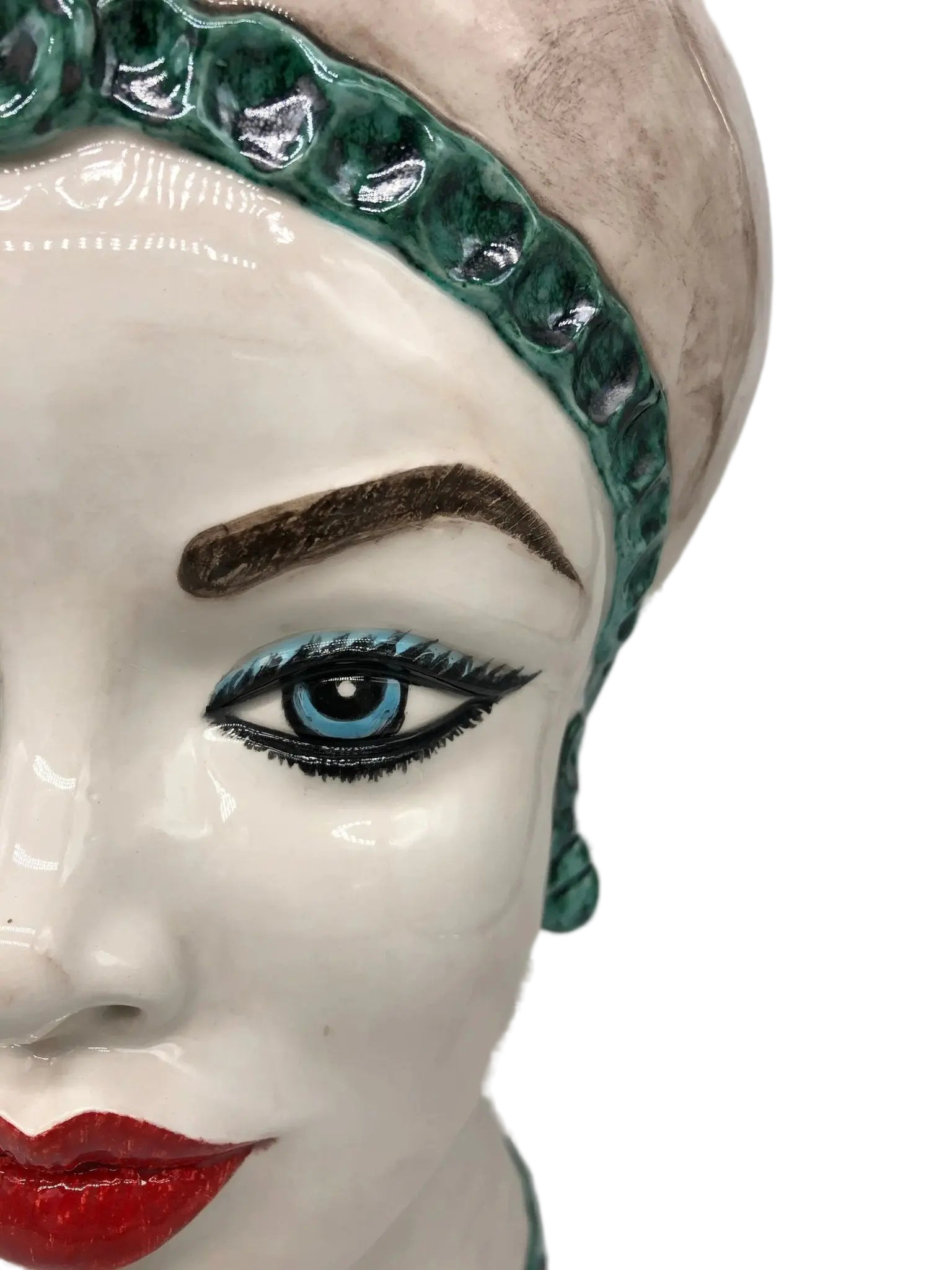 Teste di Moro Luis Ceramica Caltagirone cm H.44 L.23 Artigianale Turbante Liscio Écru Verde - DD CERAMICHE SICILIANE