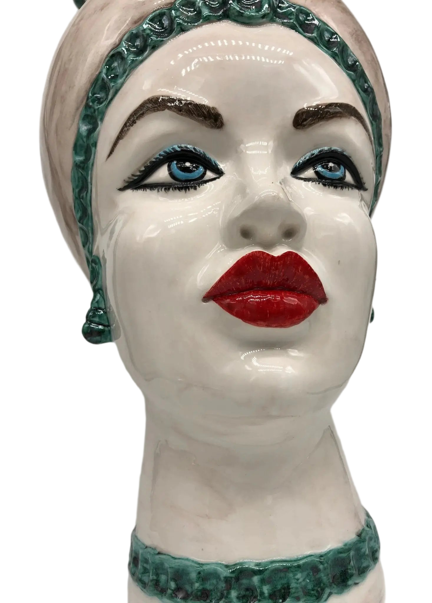 Teste di Moro Luis Ceramica Caltagirone cm H.44 L.23 Artigianale Turbante Liscio Écru Verde - DD CERAMICHE SICILIANE