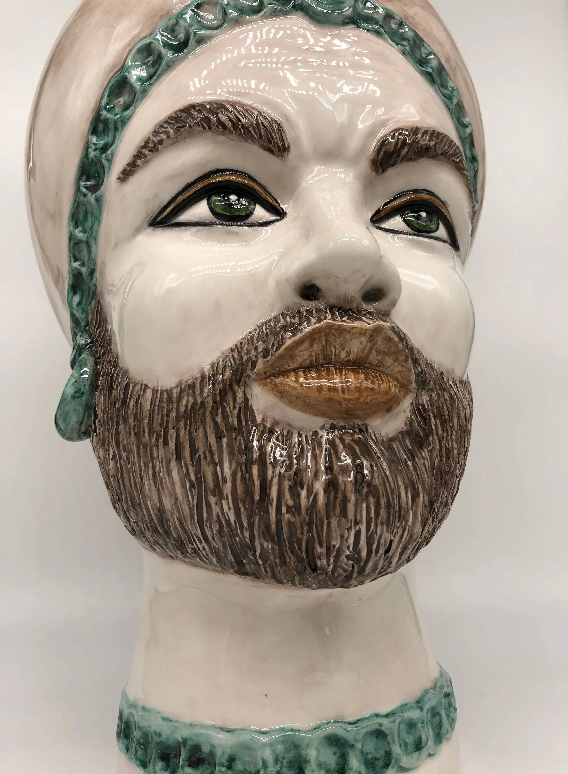 Teste di Moro Luis Ceramica Caltagirone cm H.44 L.23 Artigianale Turbante Liscio Écru Verde DD CERAMICHE SICILIANE