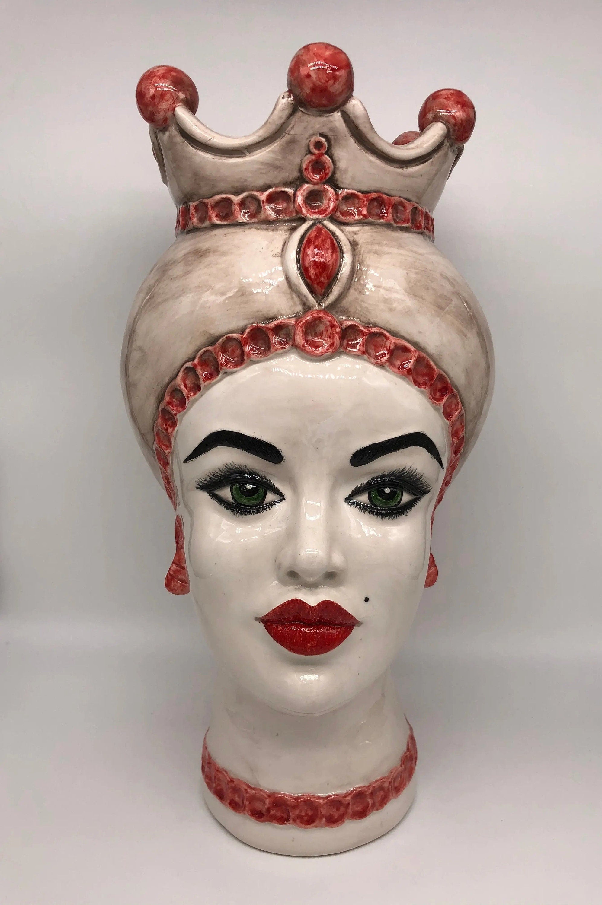 Teste di Moro Luis Ceramica Caltagirone cm H.44 L.23 Artigianale Turbante Liscio Écru Rosso DD CERAMICHE SICILIANE