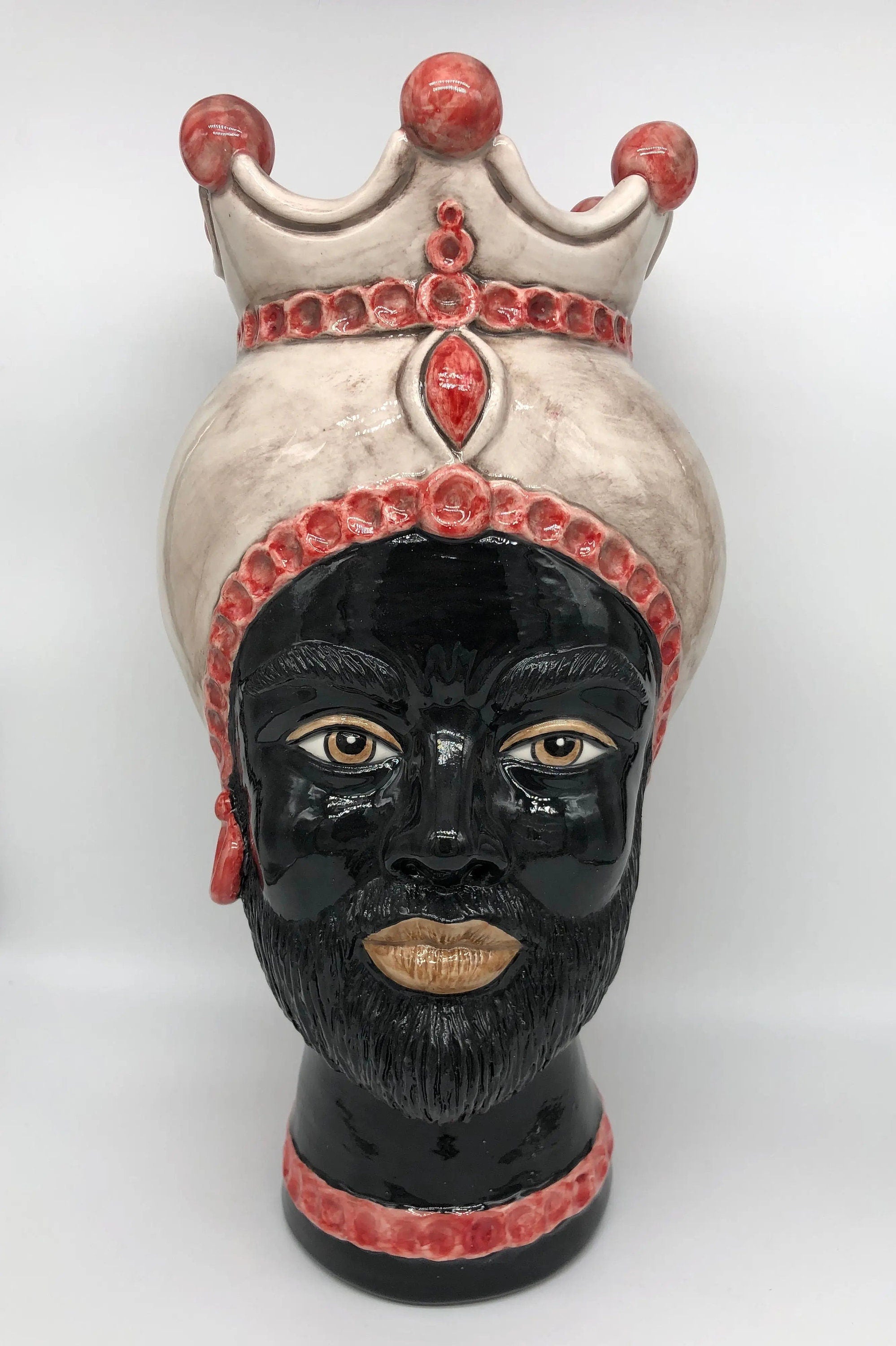 Teste di Moro Luis Ceramica Caltagirone cm H.44 L.23 Artigianale Turbante Liscio Écru Rosso DD CERAMICHE SICILIANE