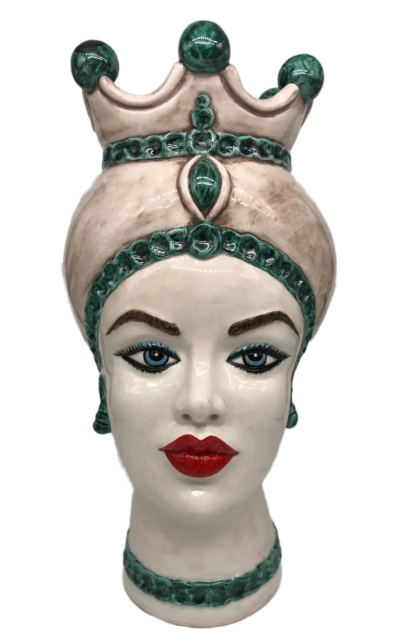 Teste di Moro Luis Ceramica Caltagirone cm H.44 L.23 Artigianale Turbante Liscio Écru Verde - DD CERAMICHE SICILIANE