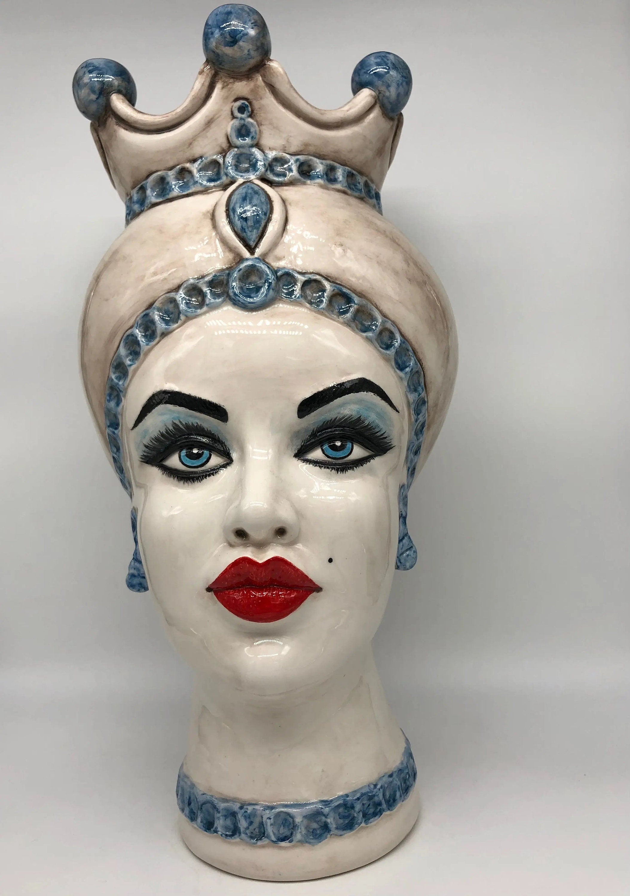 Teste di Moro Luis Ceramica Caltagirone cm H.44 L.23 Artigianale Turbante Liscio Écru Azzurro DD CERAMICHE SICILIANE
