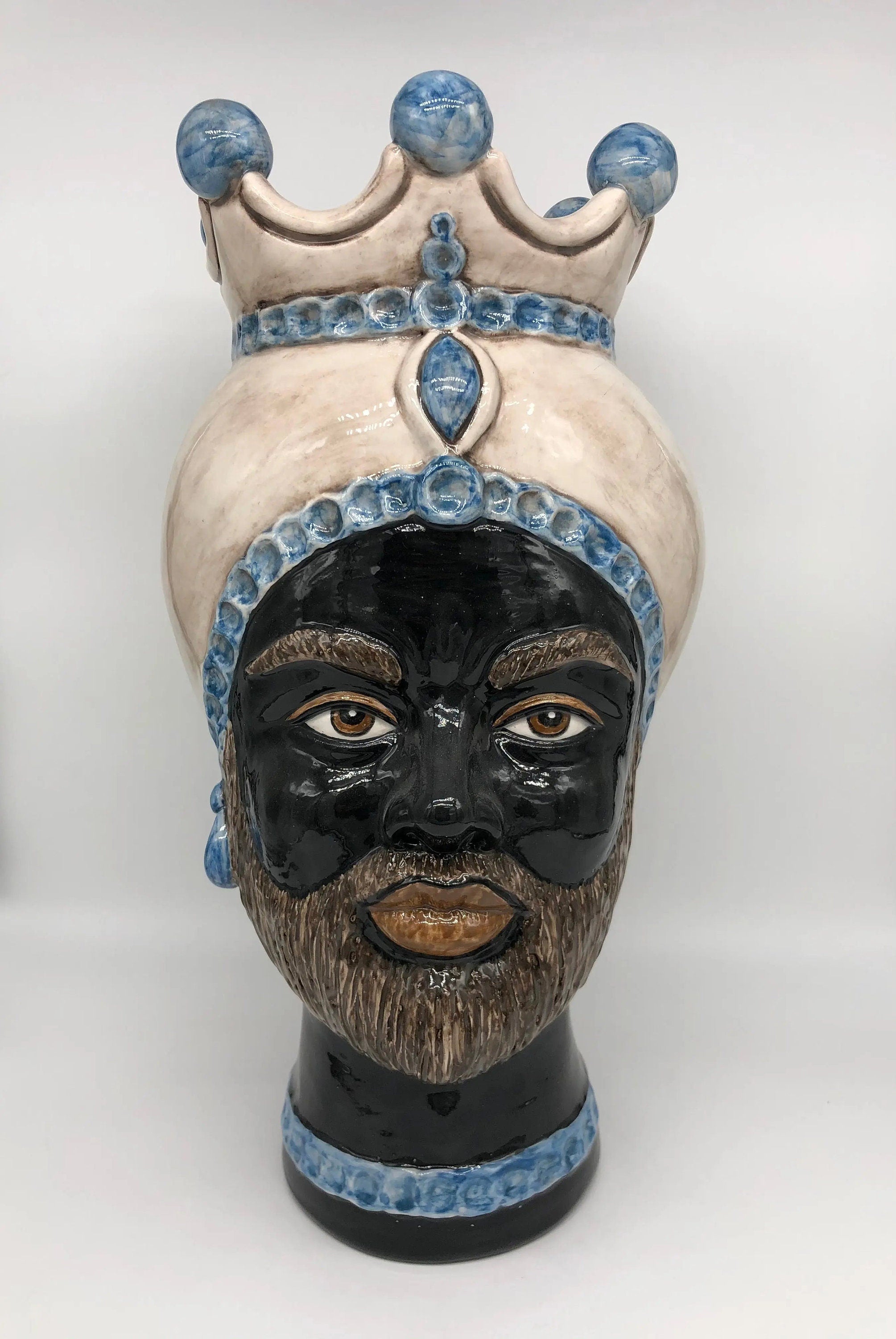 Teste di Moro Luis Ceramica Caltagirone cm H.44 L.23 Artigianale Turbante Liscio Écru Azzurro DD CERAMICHE SICILIANE