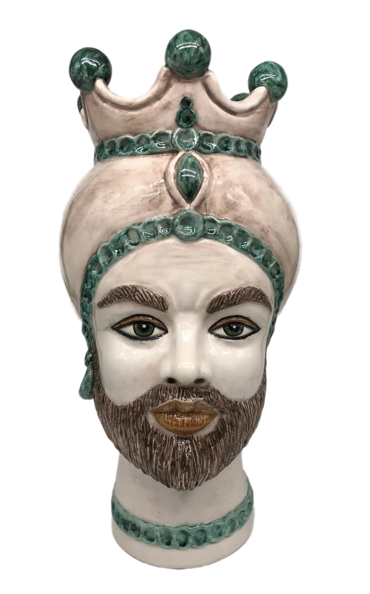 Teste di Moro Luis Ceramica Caltagirone cm H.44 L.23 Artigianale Turbante Liscio Écru Verde - DD CERAMICHE SICILIANE