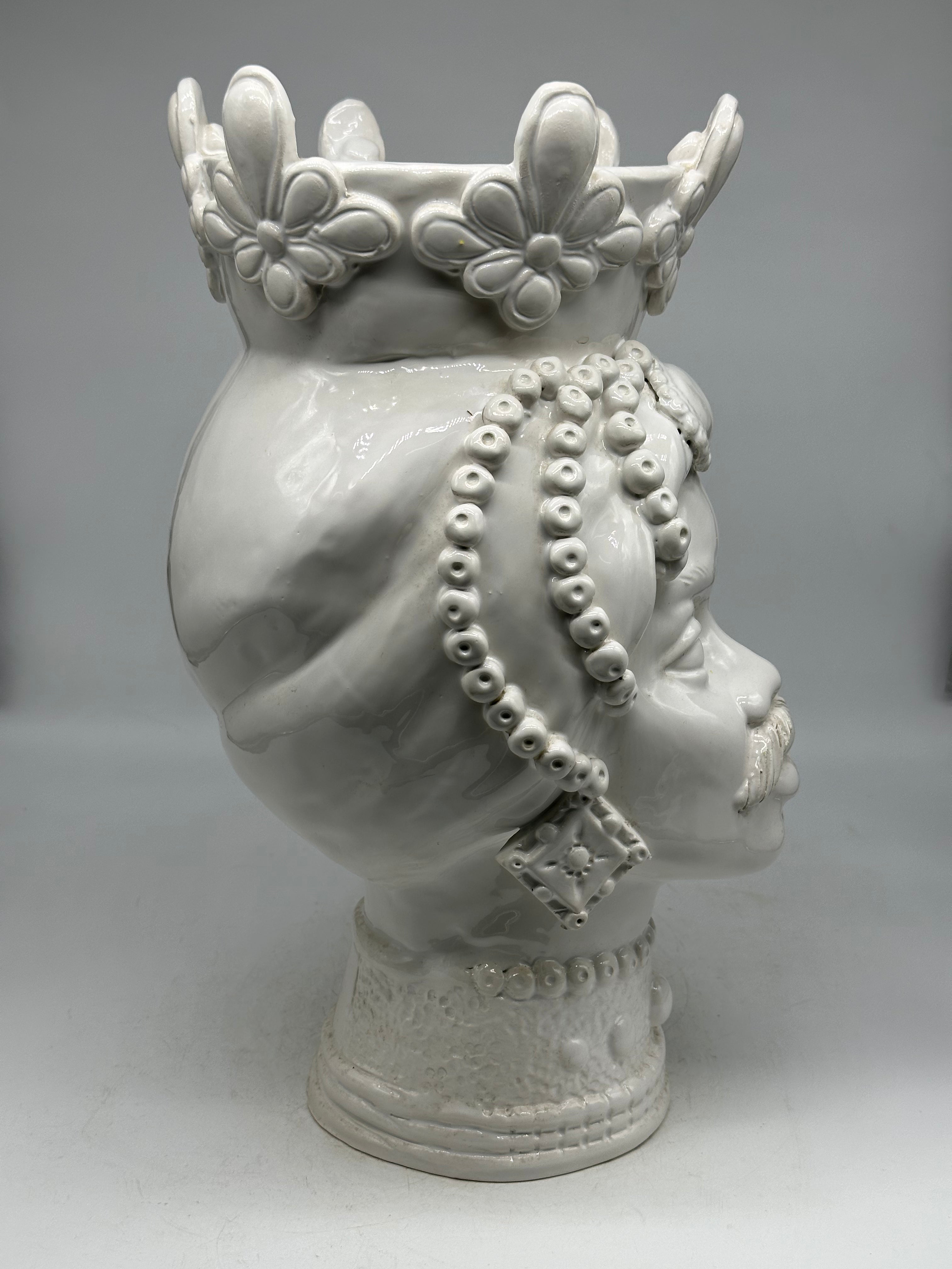 Teste di Moro Masai Ceramica Caltagirone cm H.38 L.21 Artigianale Bianco - TESTE DI MORO