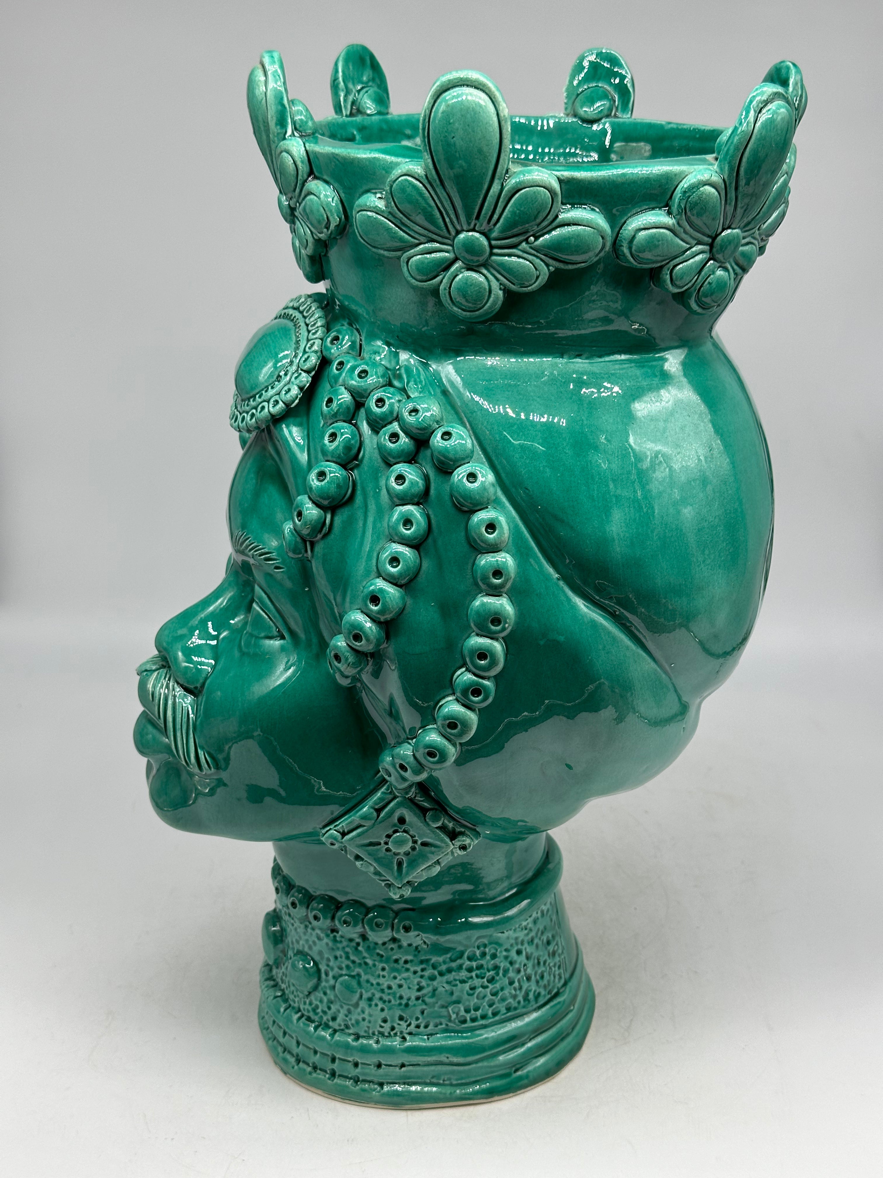Teste di Moro Masai Ceramica Caltagirone cm H.38 L.21 Artigianale Verde - TESTE DI MORO