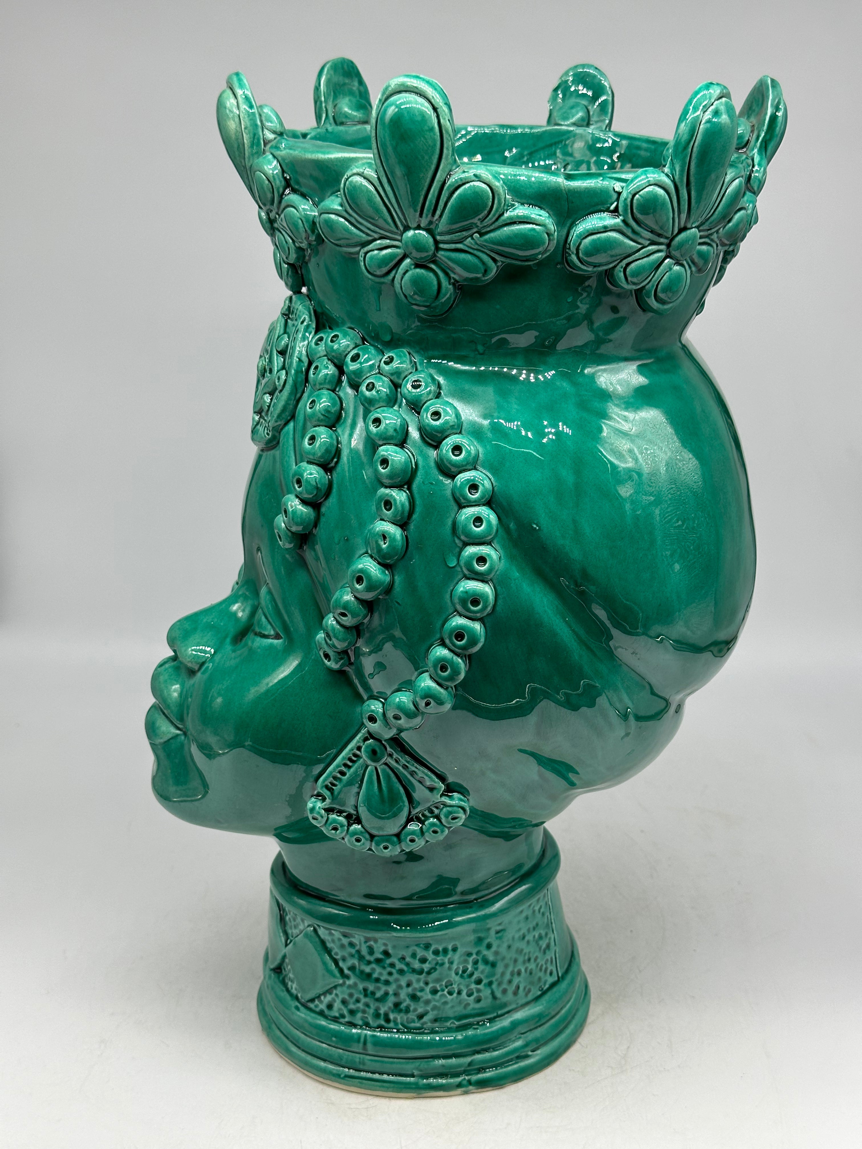 Teste di Moro Masai Ceramica Caltagirone cm H.38 L.21 Artigianale Verde - TESTE DI MORO