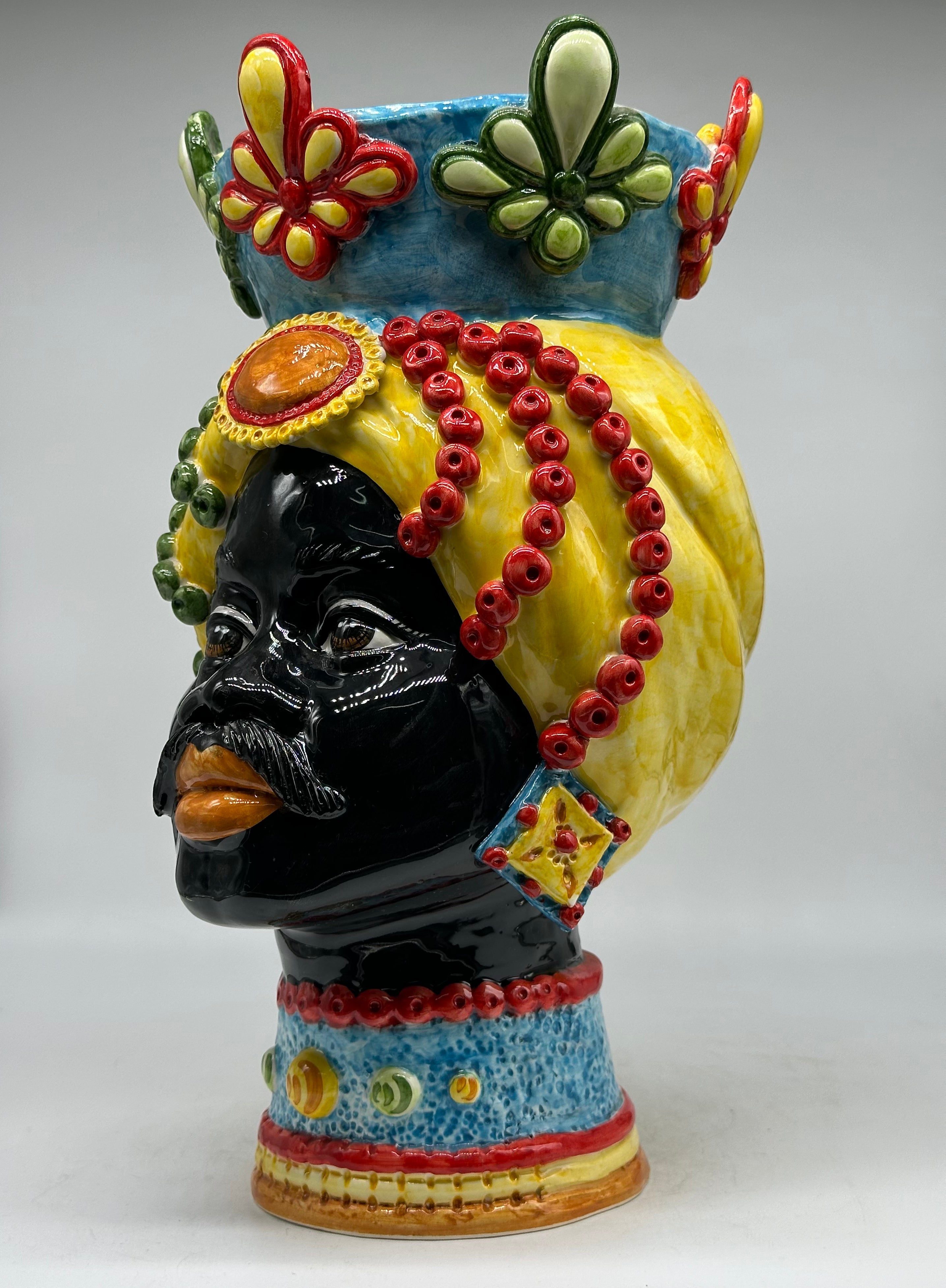 Teste di Moro Masai Ceramica Caltagirone cm H.38 L.21 Artigianale Decoro Siciliano - TESTE DI MORO