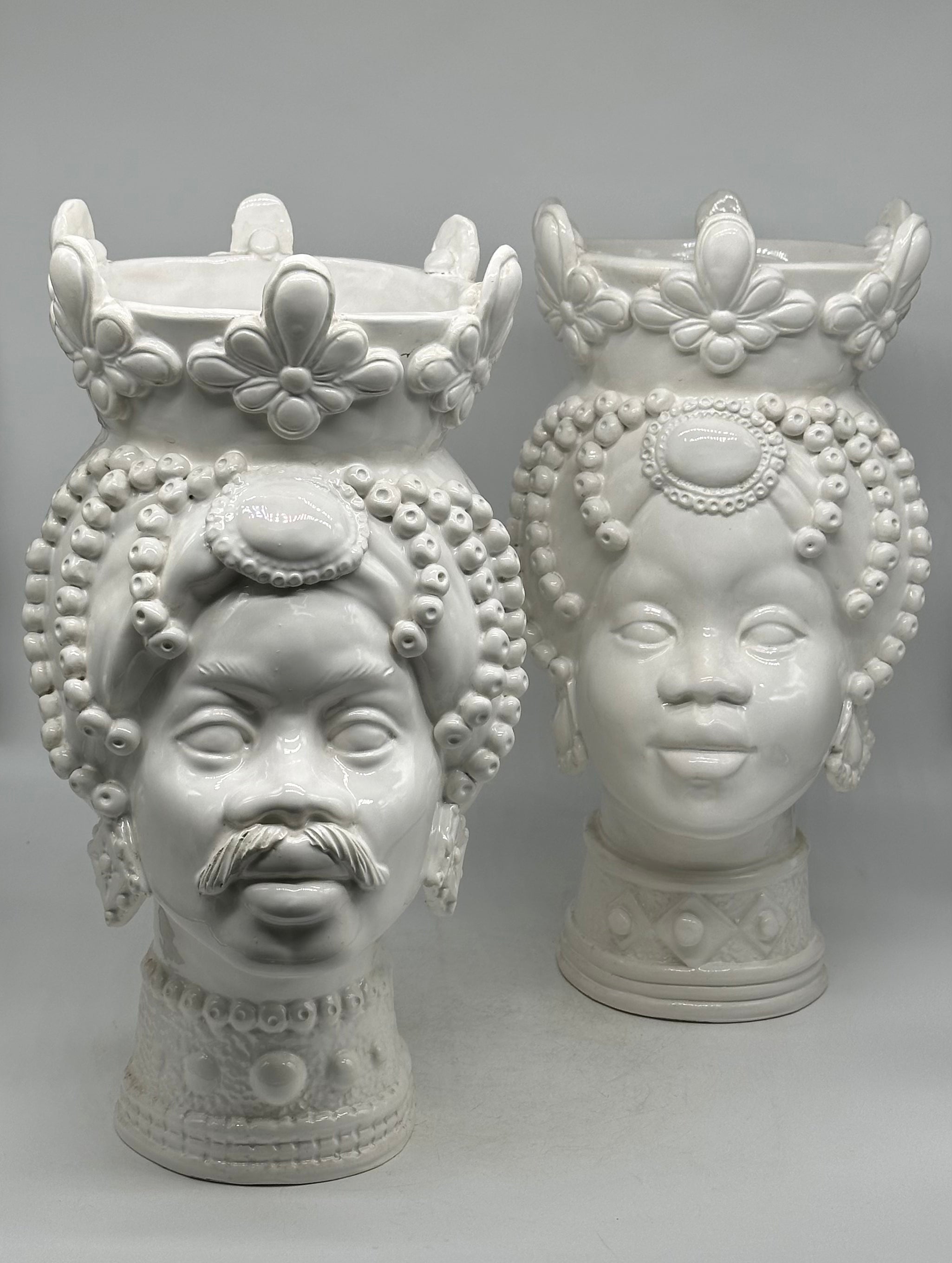 Teste di Moro Masai Ceramica Caltagirone cm H.38 L.21 Artigianale Bianco - TESTE DI MORO