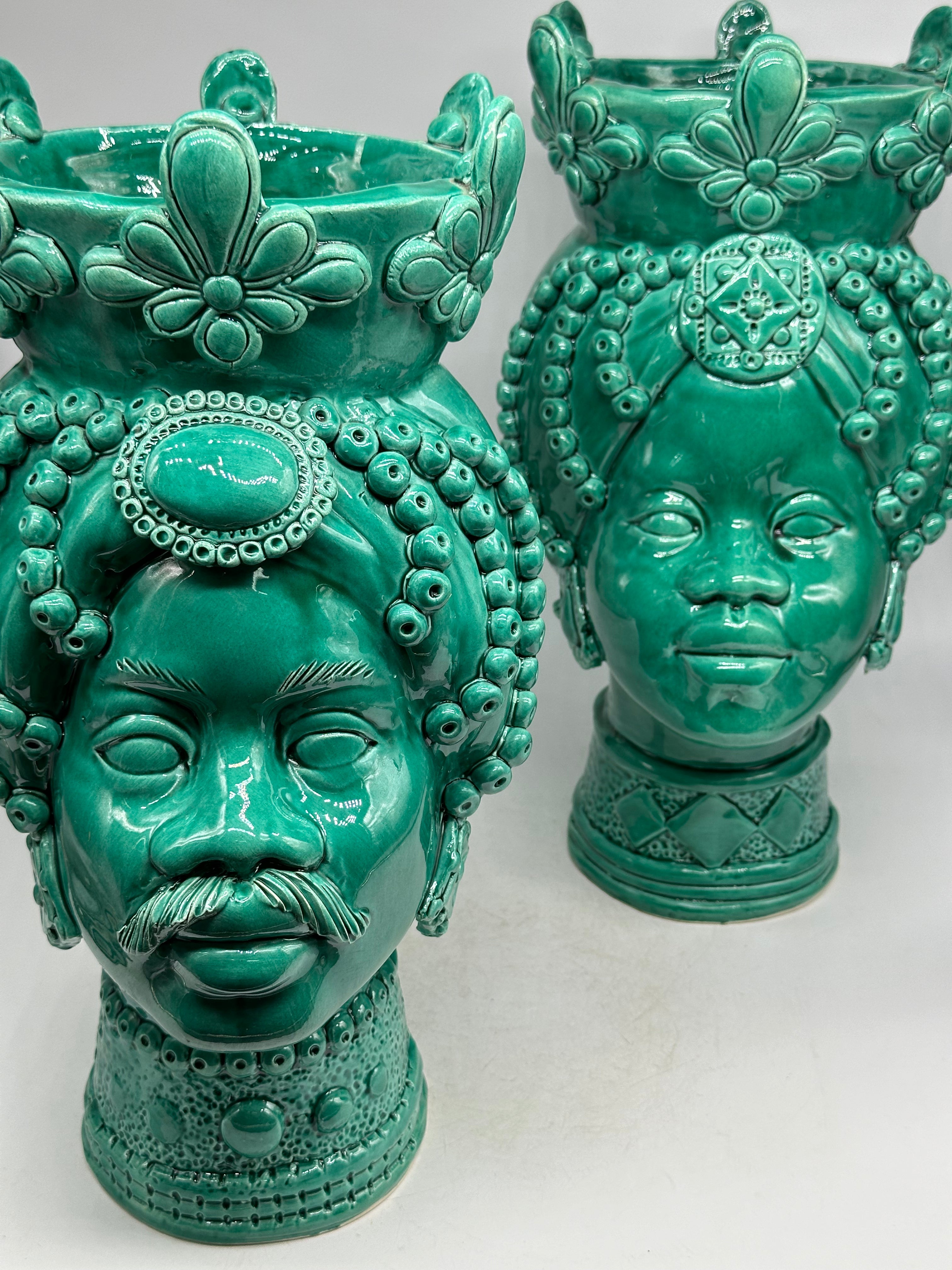 Teste di Moro Masai Ceramica Caltagirone cm H.38 L.21 Artigianale Verde - TESTE DI MORO