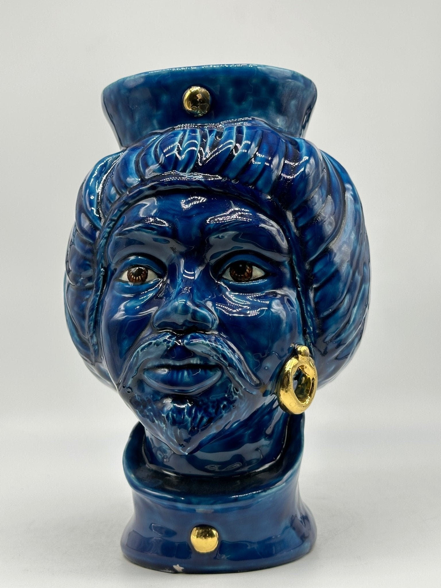 Teste di Moro Mediterraneo Ceramica Caltagirone cm H.29 L.22 Artigianale Blu Oro - DD CERAMICHE SICILIANE