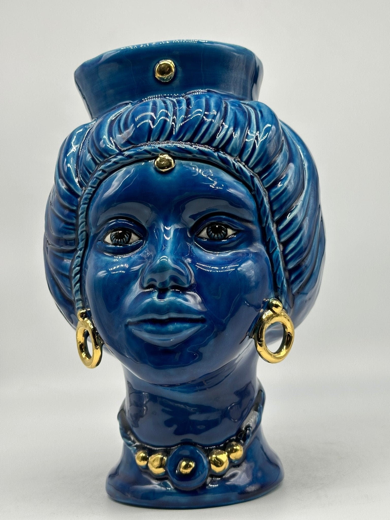 Teste di Moro Mediterraneo Ceramica Caltagirone cm H.29 L.22 Artigianale Blu Oro - DD CERAMICHE SICILIANE