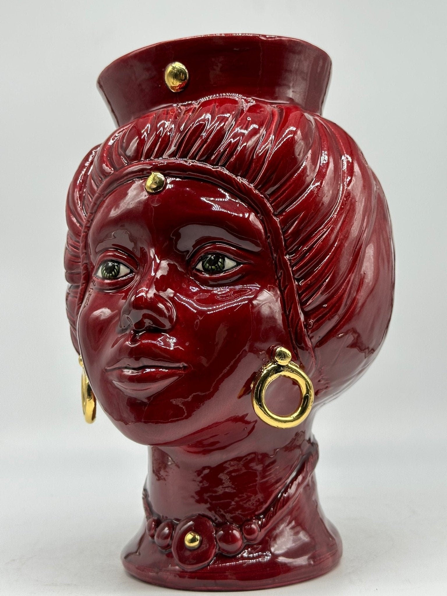 Teste di Moro Mediterraneo Ceramica Caltagirone cm H.29 L.22 Artigianale Bordeaux Oro - DD CERAMICHE SICILIANE