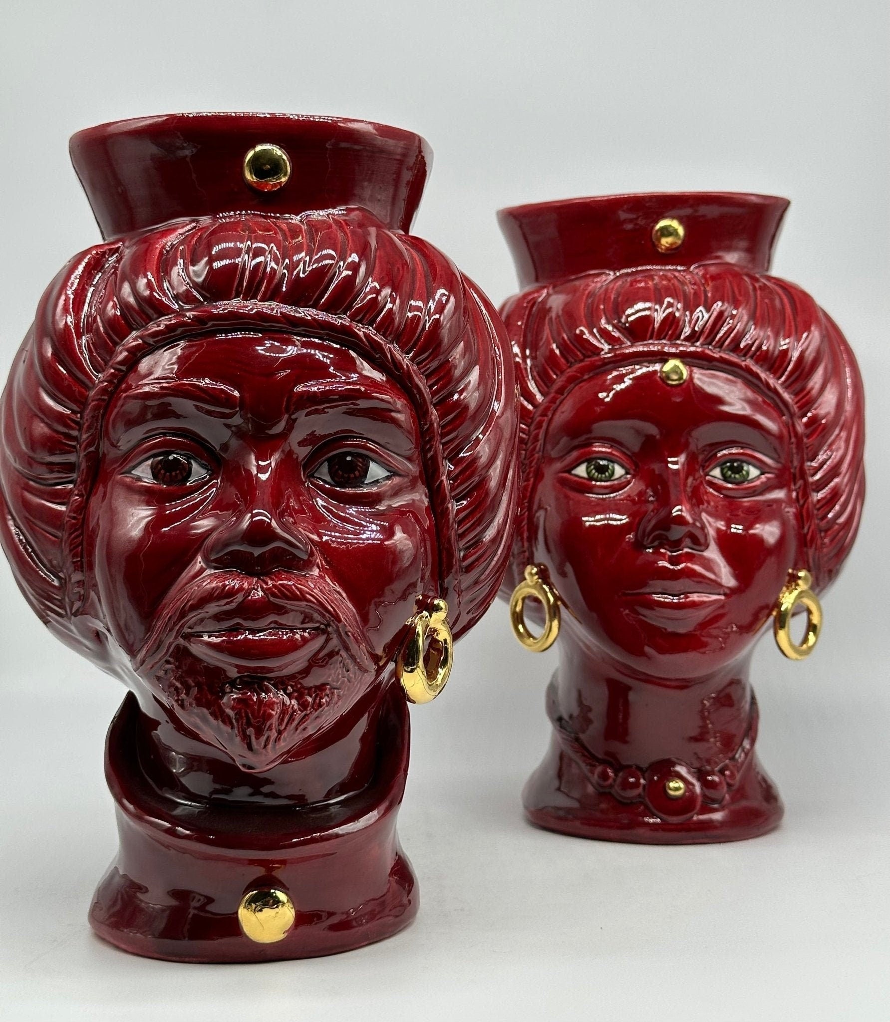 Teste di Moro Mediterraneo Ceramica Caltagirone cm H.29 L.22 Artigianale Bordeaux Oro - DD CERAMICHE SICILIANE