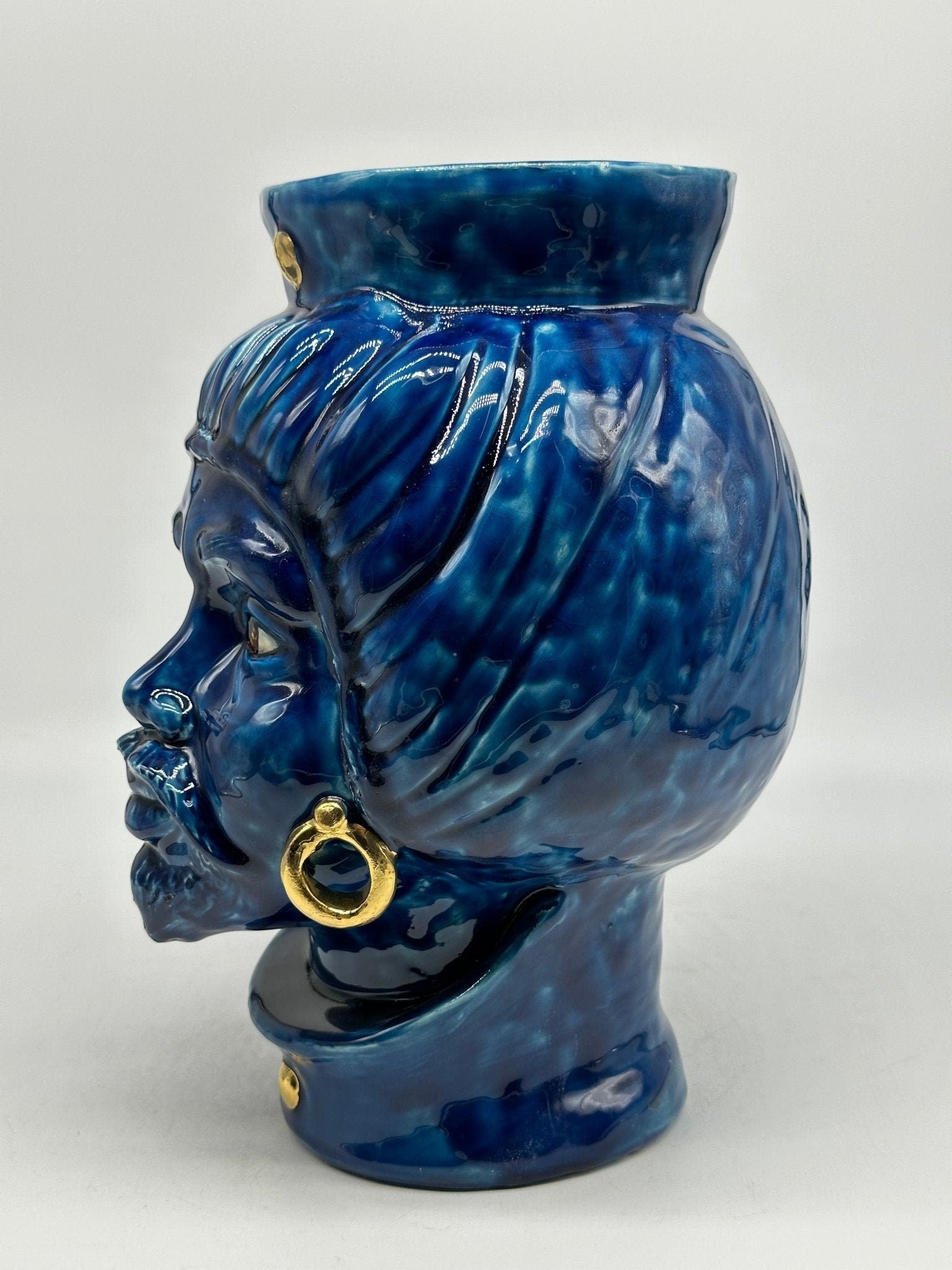Teste di Moro Mediterraneo Ceramica Caltagirone cm H.29 L.22 Artigianale Blu Oro - DD CERAMICHE SICILIANE