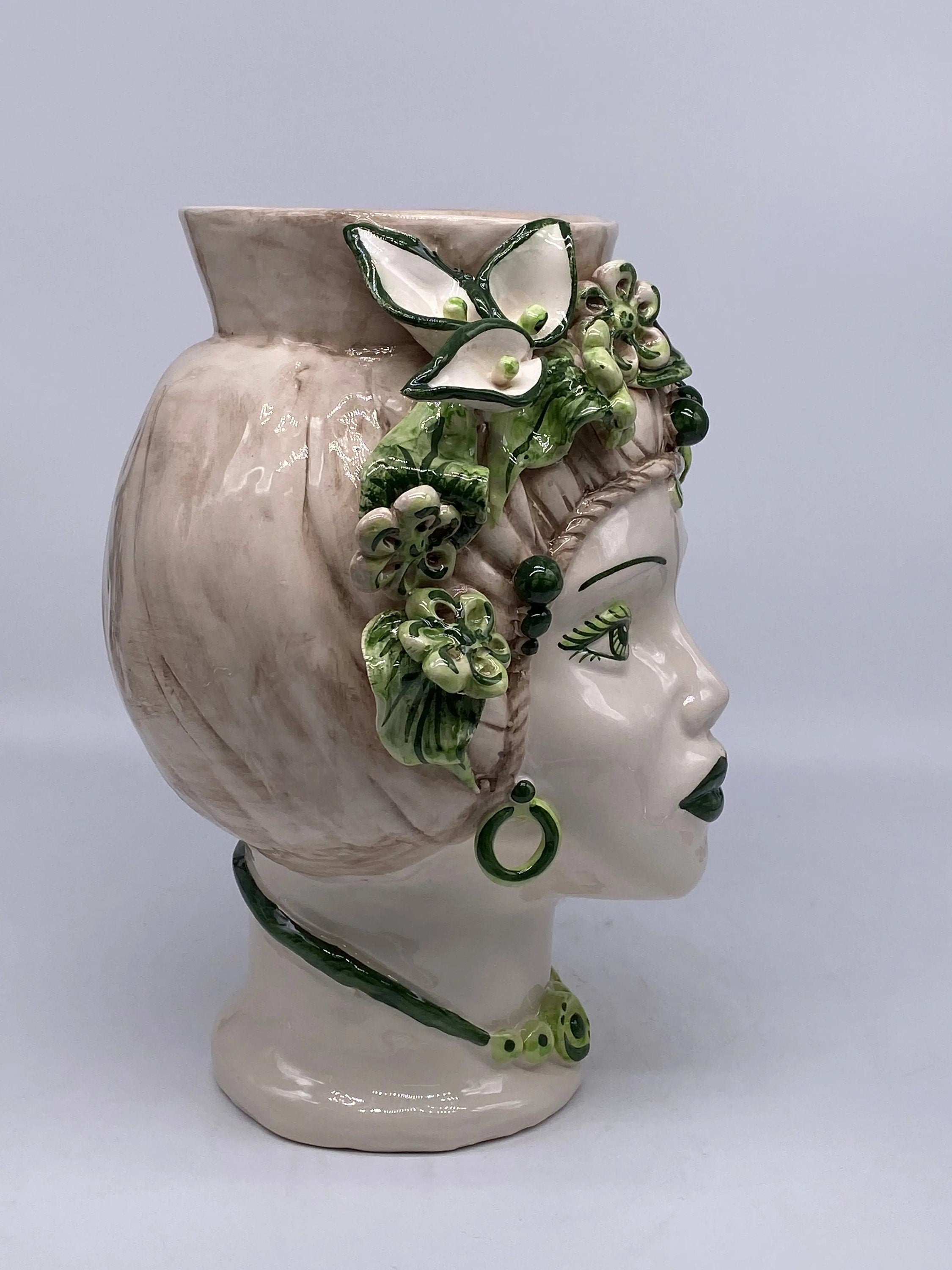 Teste di Moro Mediterraneo Ceramica Caltagirone cm H.29 L.22 Artigianale Bicolore Verde DD CERAMICHE SICILIANE