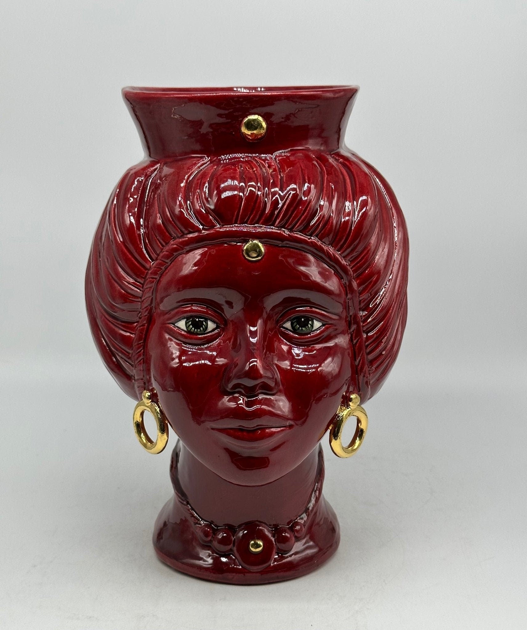 Teste di Moro Mediterraneo Ceramica Caltagirone cm H.29 L.22 Artigianale Bordeaux Oro - DD CERAMICHE SICILIANE
