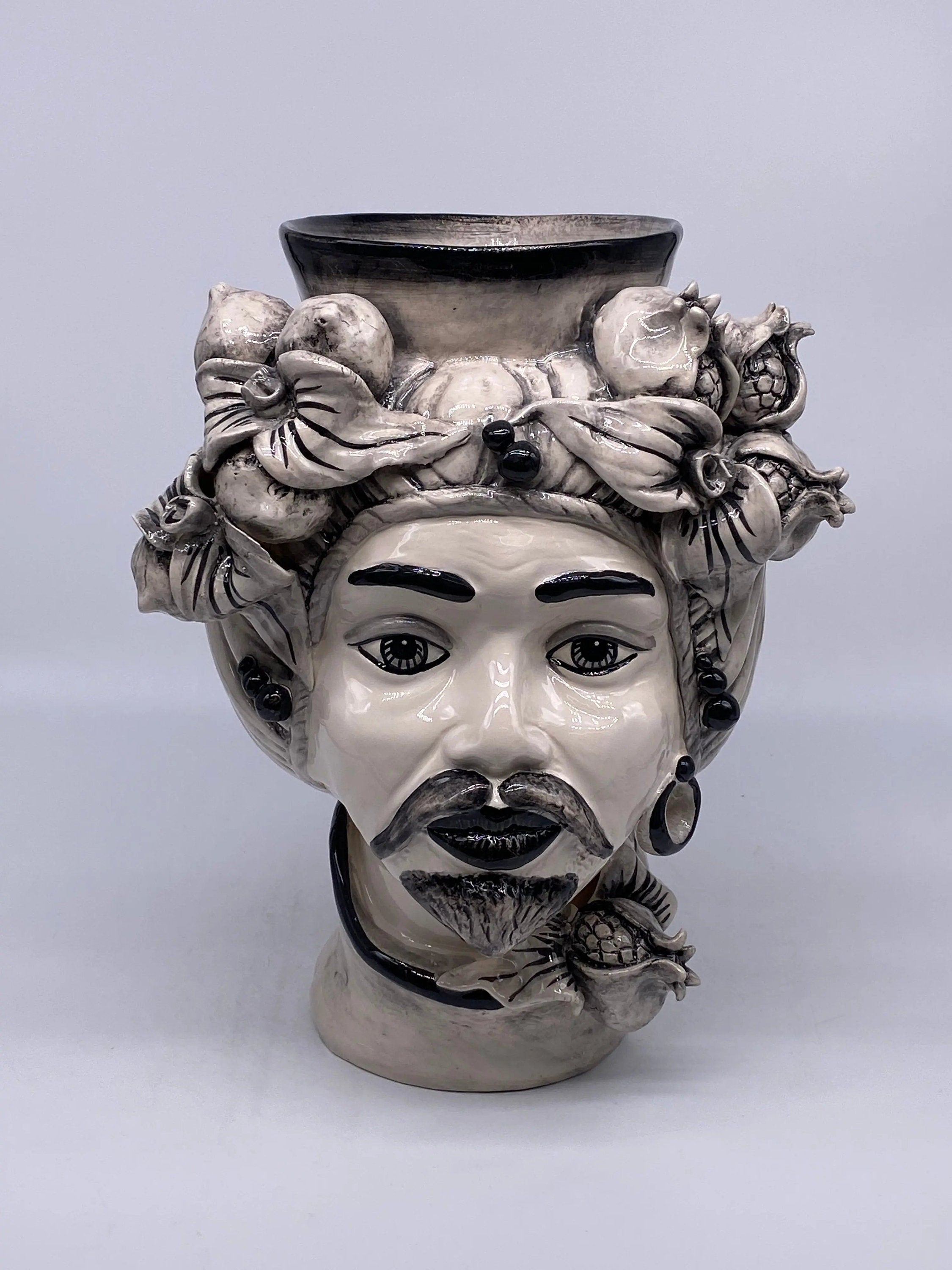 Teste di Moro Mediterraneo Ceramica Caltagirone cm H.29 L.22 Artigianale Bicolore Nero DD CERAMICHE SICILIANE