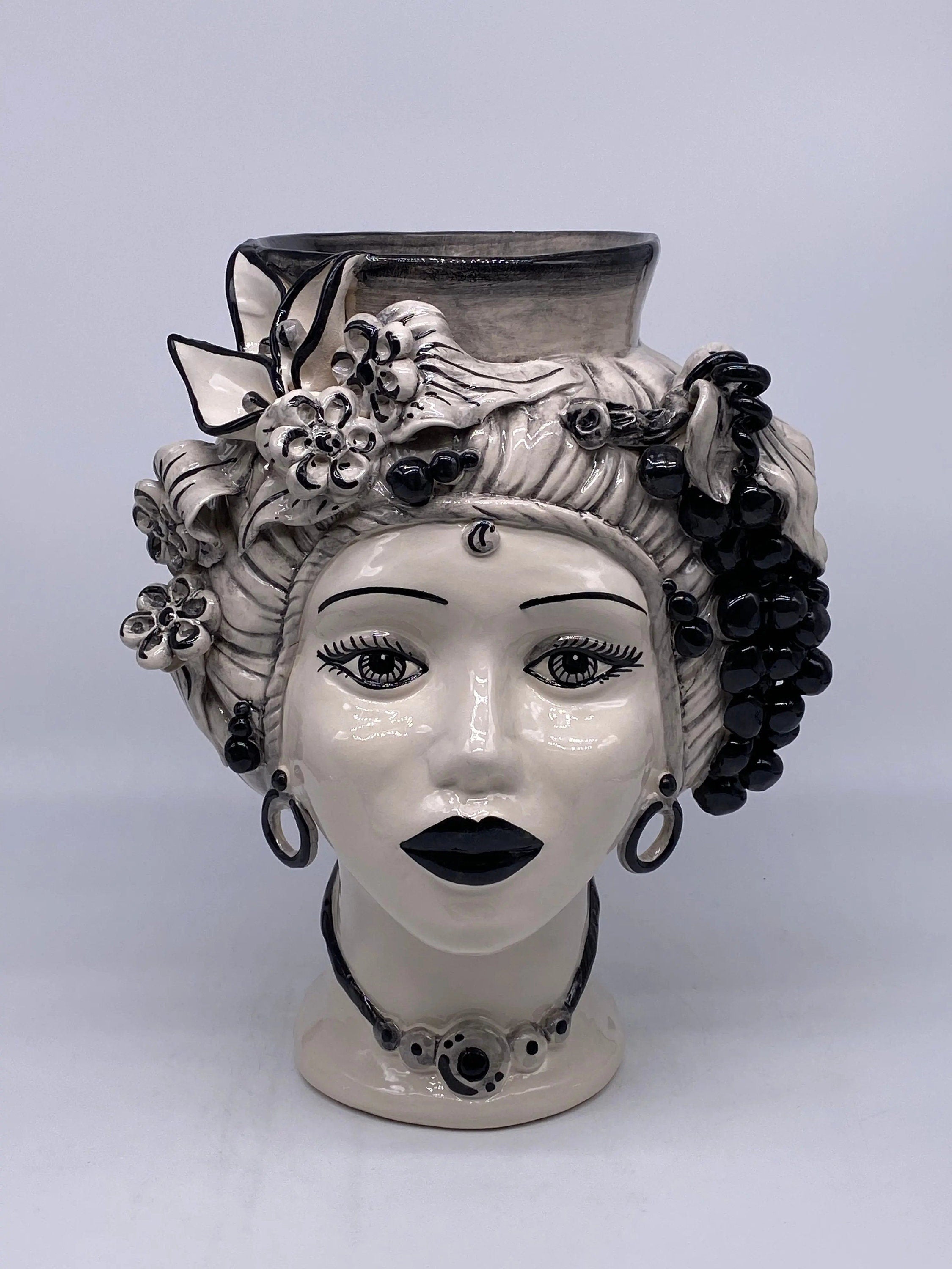 Teste di Moro Mediterraneo Ceramica Caltagirone cm H.29 L.22 Artigianale Bicolore Nero DD CERAMICHE SICILIANE