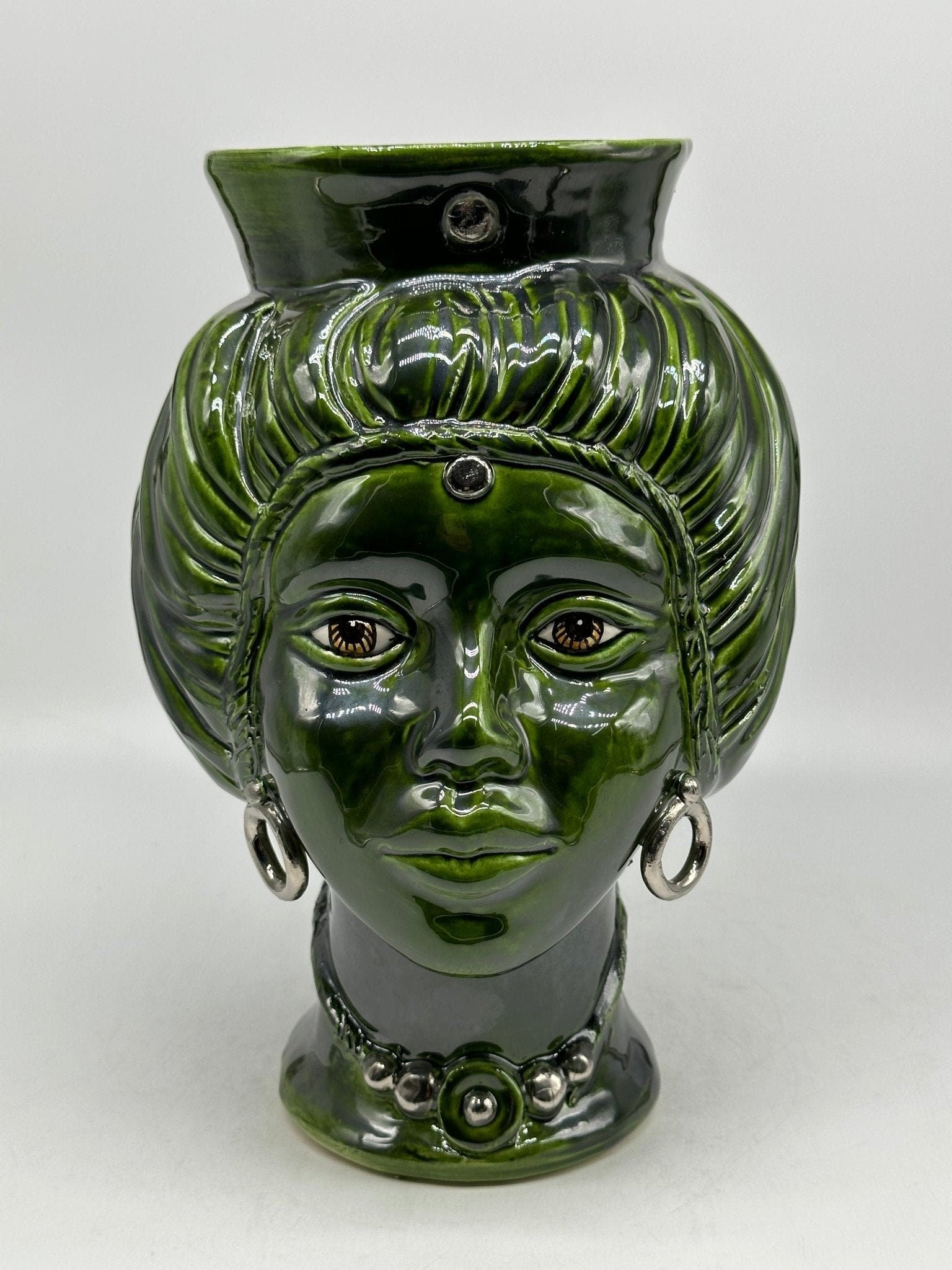 Teste di Moro Mediterraneo Ceramica Caltagirone cm H.29 L.22 Artigianale Verde Platino - DD CERAMICHE SICILIANE
