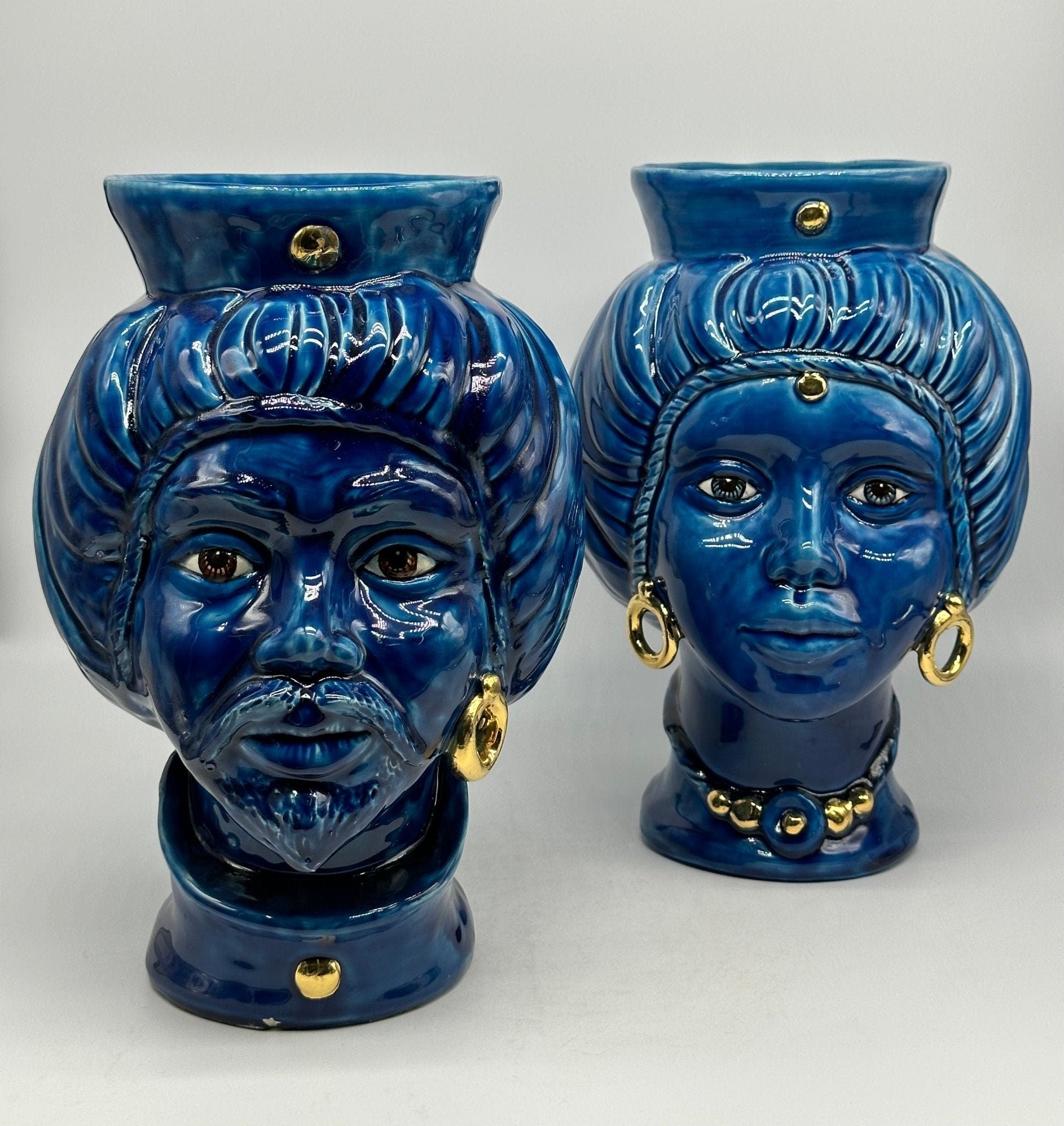 Teste di Moro Mediterraneo Ceramica Caltagirone cm H.29 L.22 Artigianale Blu Oro - DD CERAMICHE SICILIANE