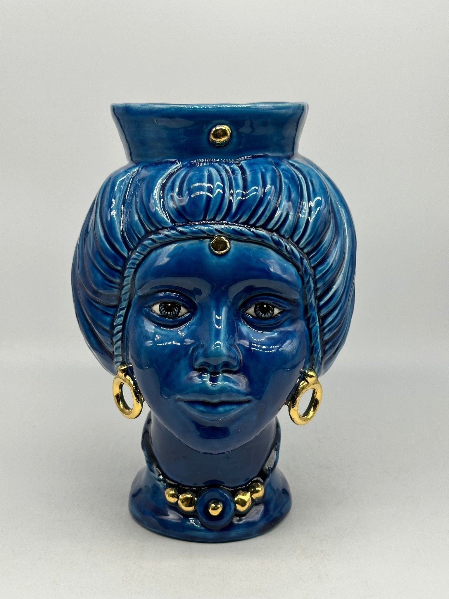 Teste di Moro Mediterraneo Ceramica Caltagirone cm H.29 L.22 Artigianale Blu Oro - DD CERAMICHE SICILIANE
