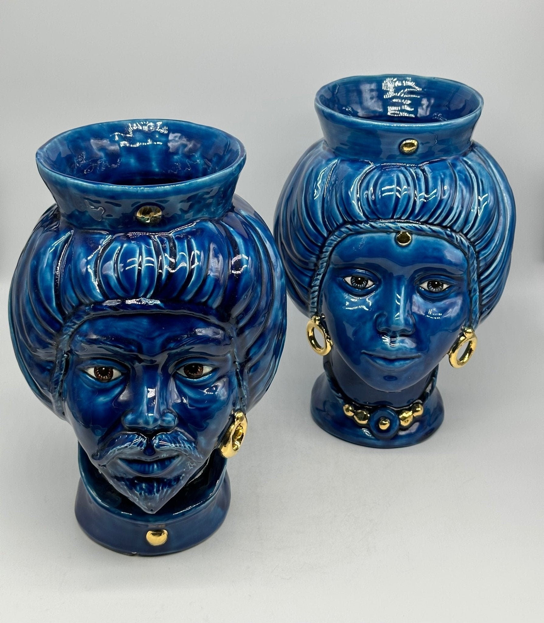 Teste di Moro Mediterraneo Ceramica Caltagirone cm H.29 L.22 Artigianale Blu Oro - DD CERAMICHE SICILIANE