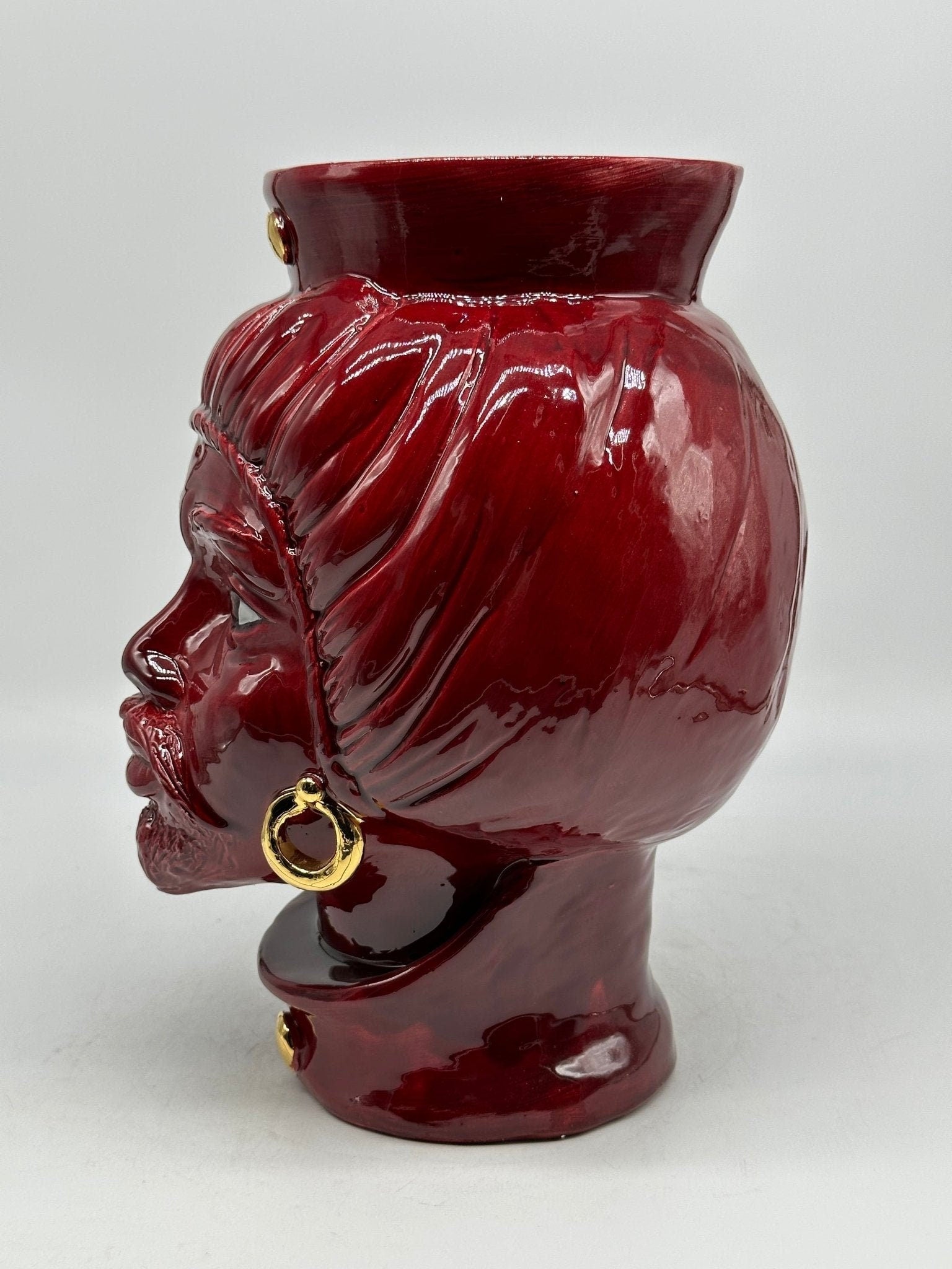 Teste di Moro Mediterraneo Ceramica Caltagirone cm H.29 L.22 Artigianale Bordeaux Oro - DD CERAMICHE SICILIANE