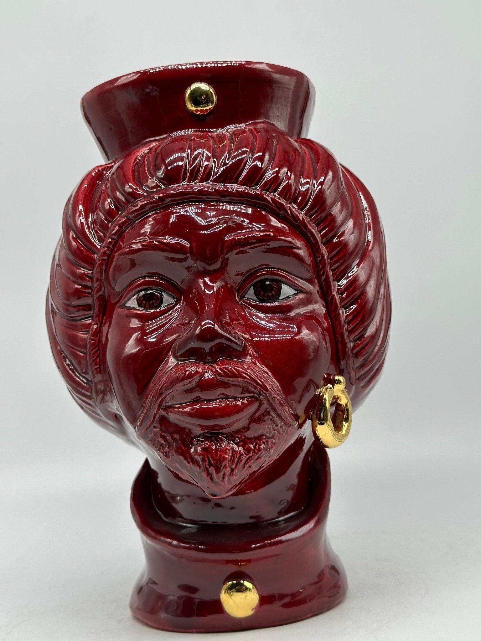 Teste di Moro Mediterraneo Ceramica Caltagirone cm H.29 L.22 Artigianale Bordeaux Oro - DD CERAMICHE SICILIANE