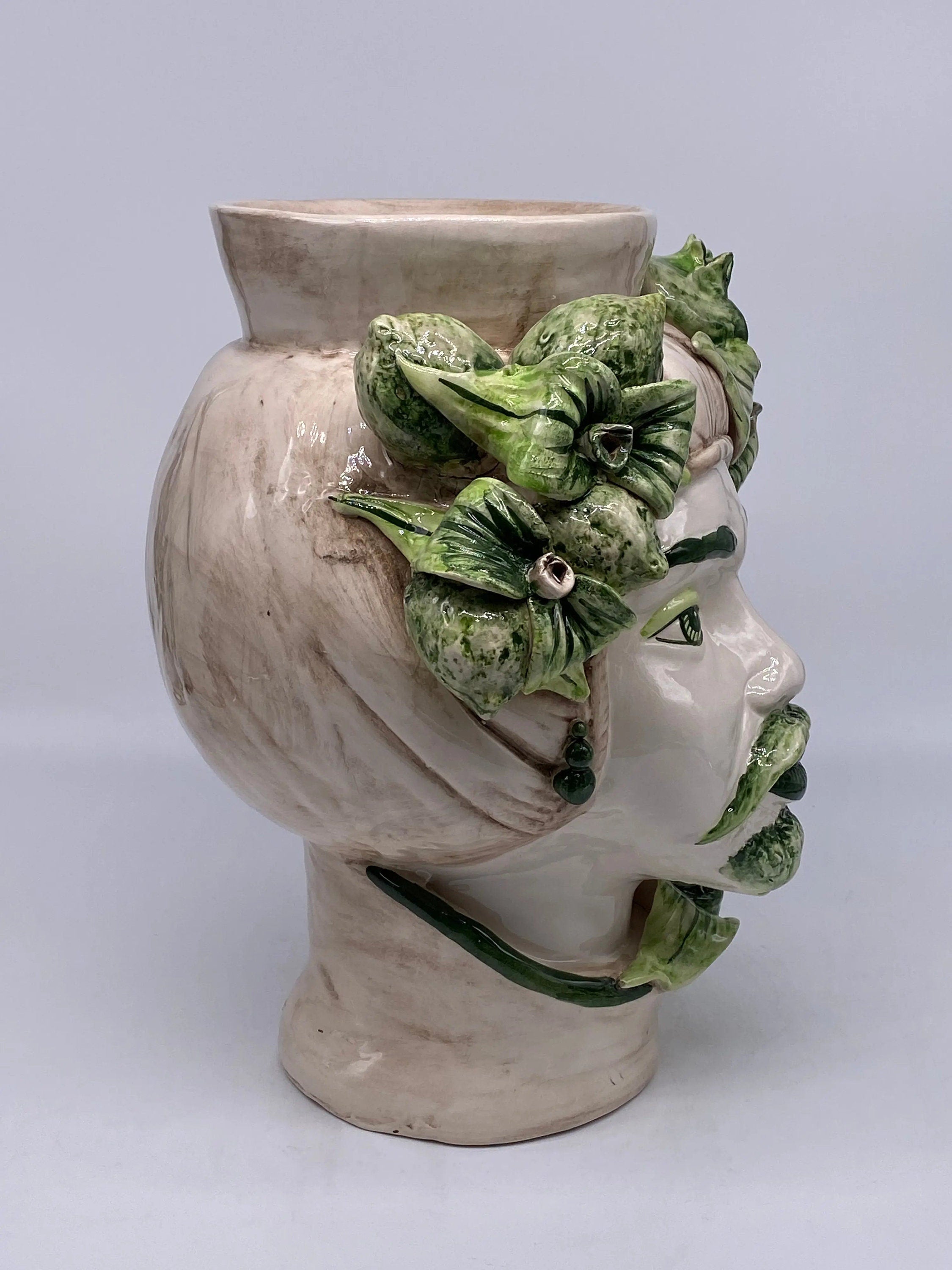 Teste di Moro Mediterraneo Ceramica Caltagirone cm H.29 L.22 Artigianale Bicolore Verde DD CERAMICHE SICILIANE