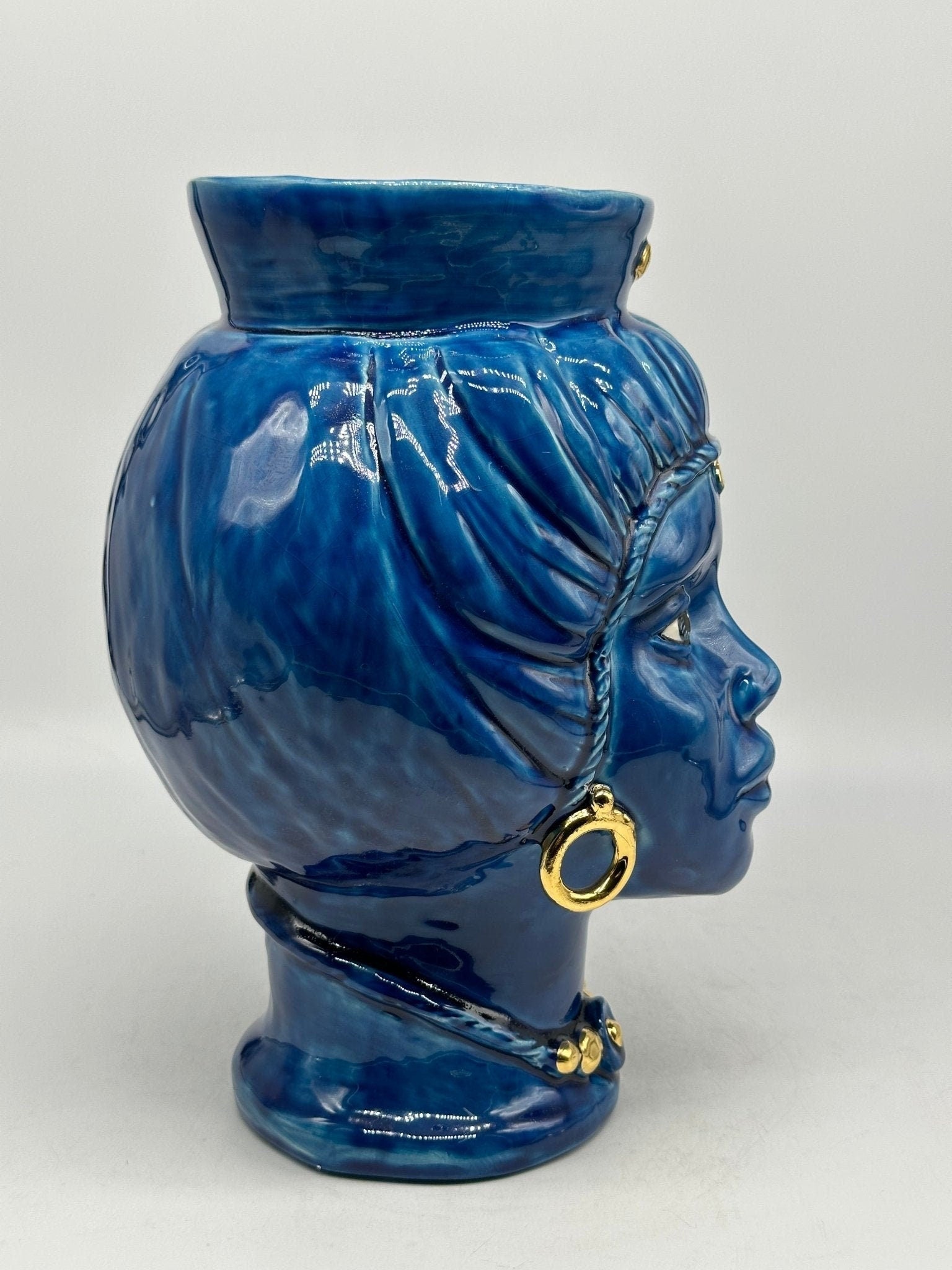 Teste di Moro Mediterraneo Ceramica Caltagirone cm H.29 L.22 Artigianale Blu Oro - DD CERAMICHE SICILIANE